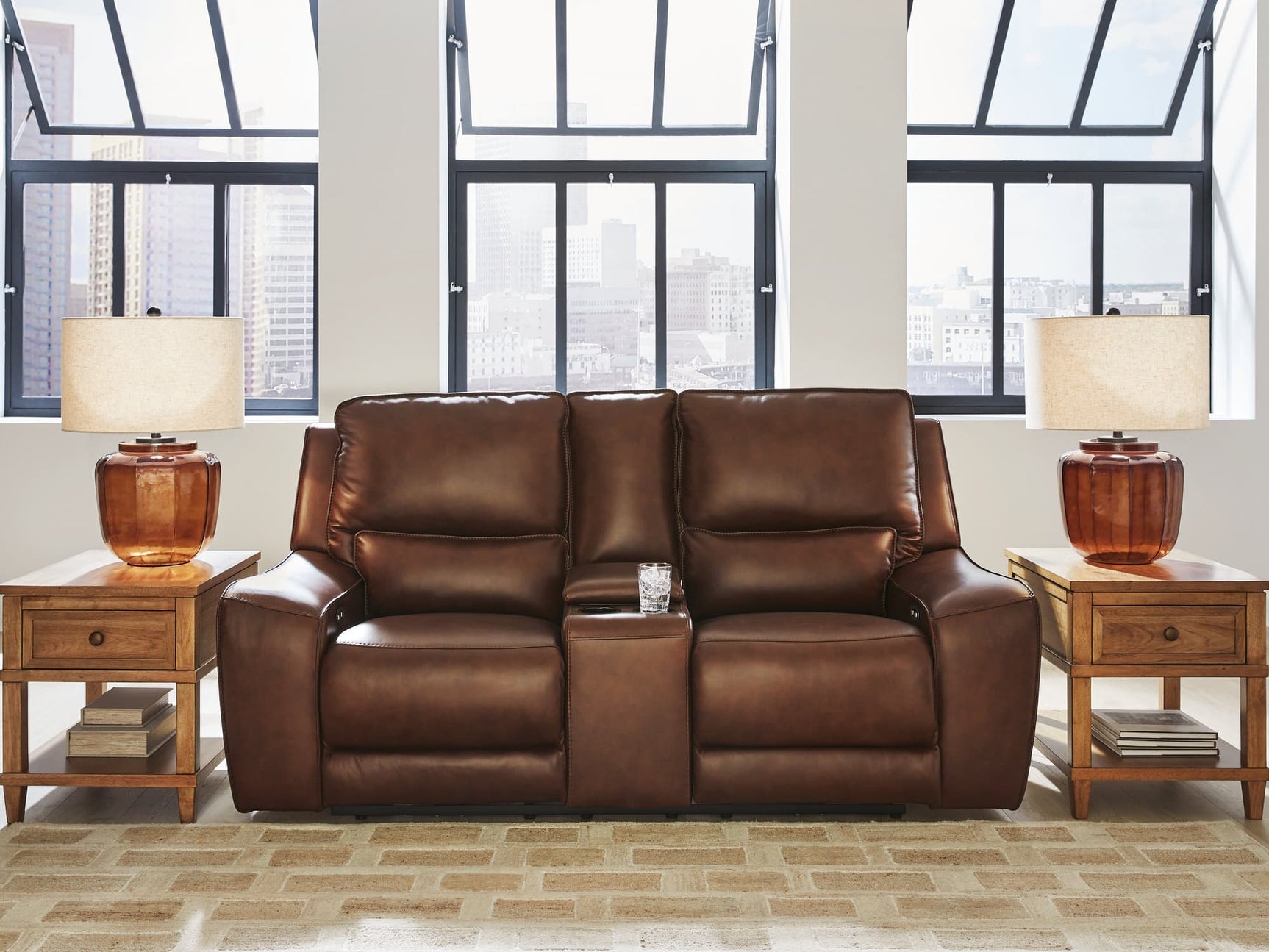 DeepWakes Canyon Leather Power Reclining Loveseat with Console front view