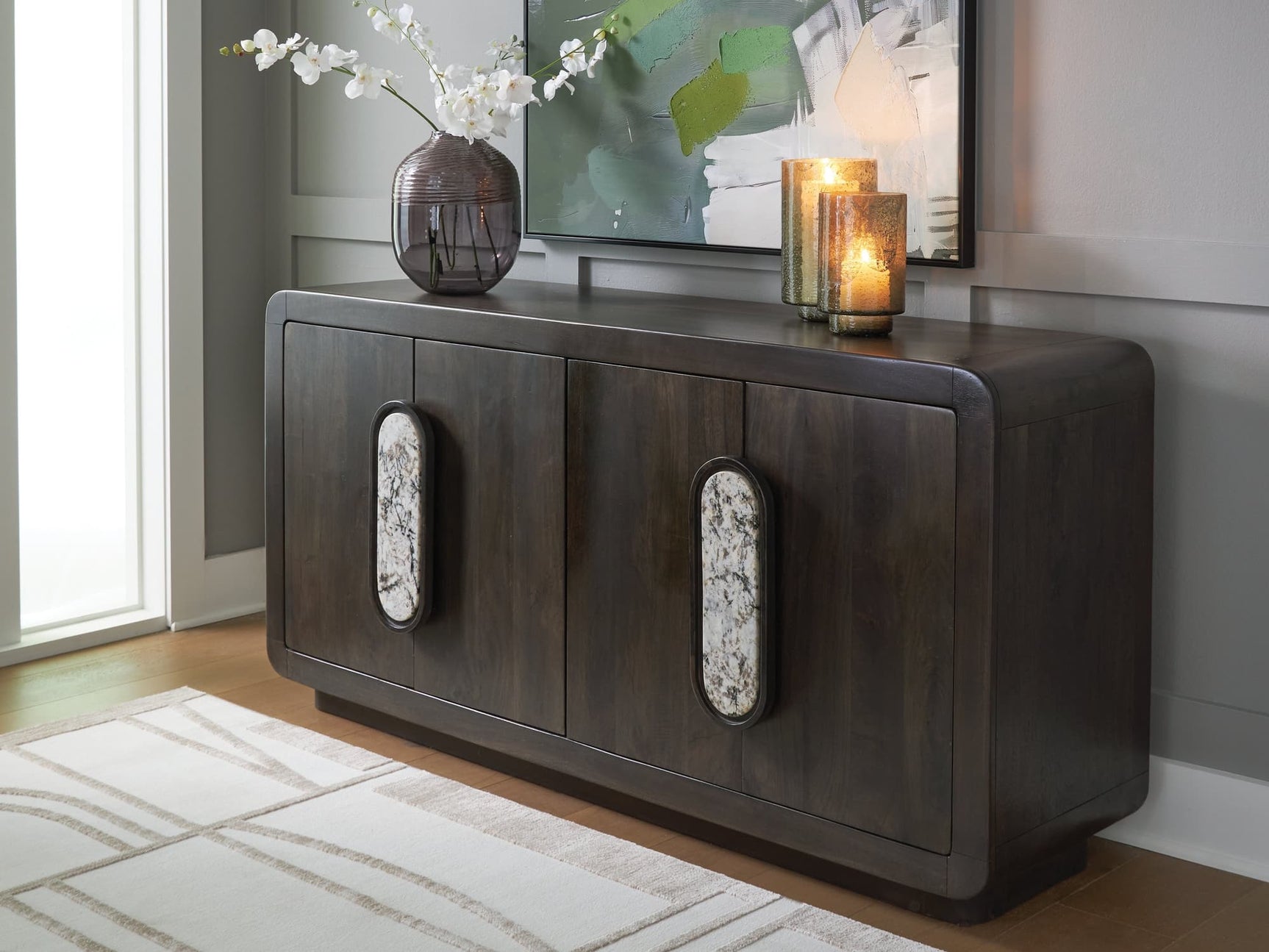 Elliston Espresso Brown Accent Cabinet front view showing doors and marble pulls