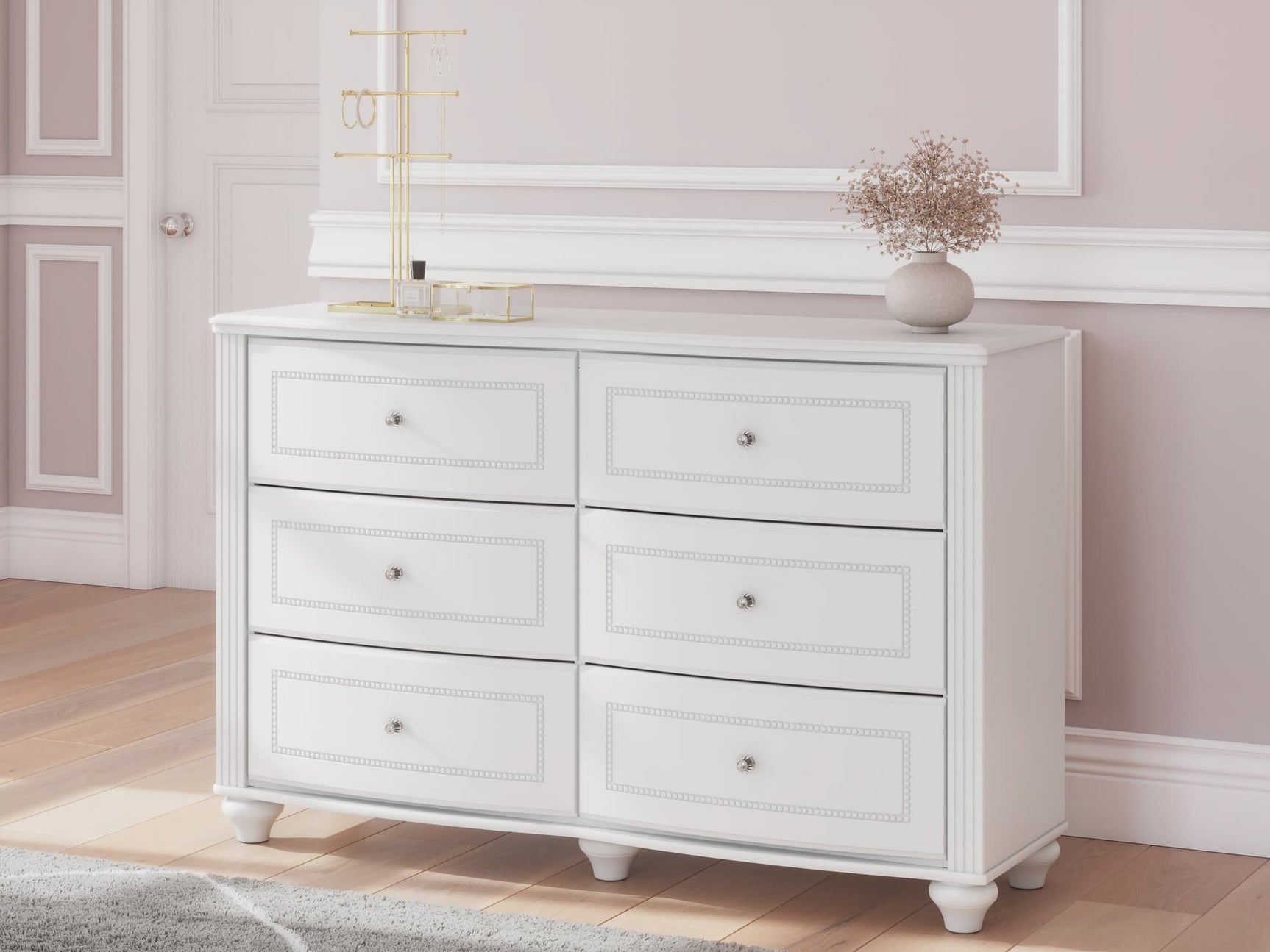 Kozlani White Dresser front view with six drawers and crystal knobs