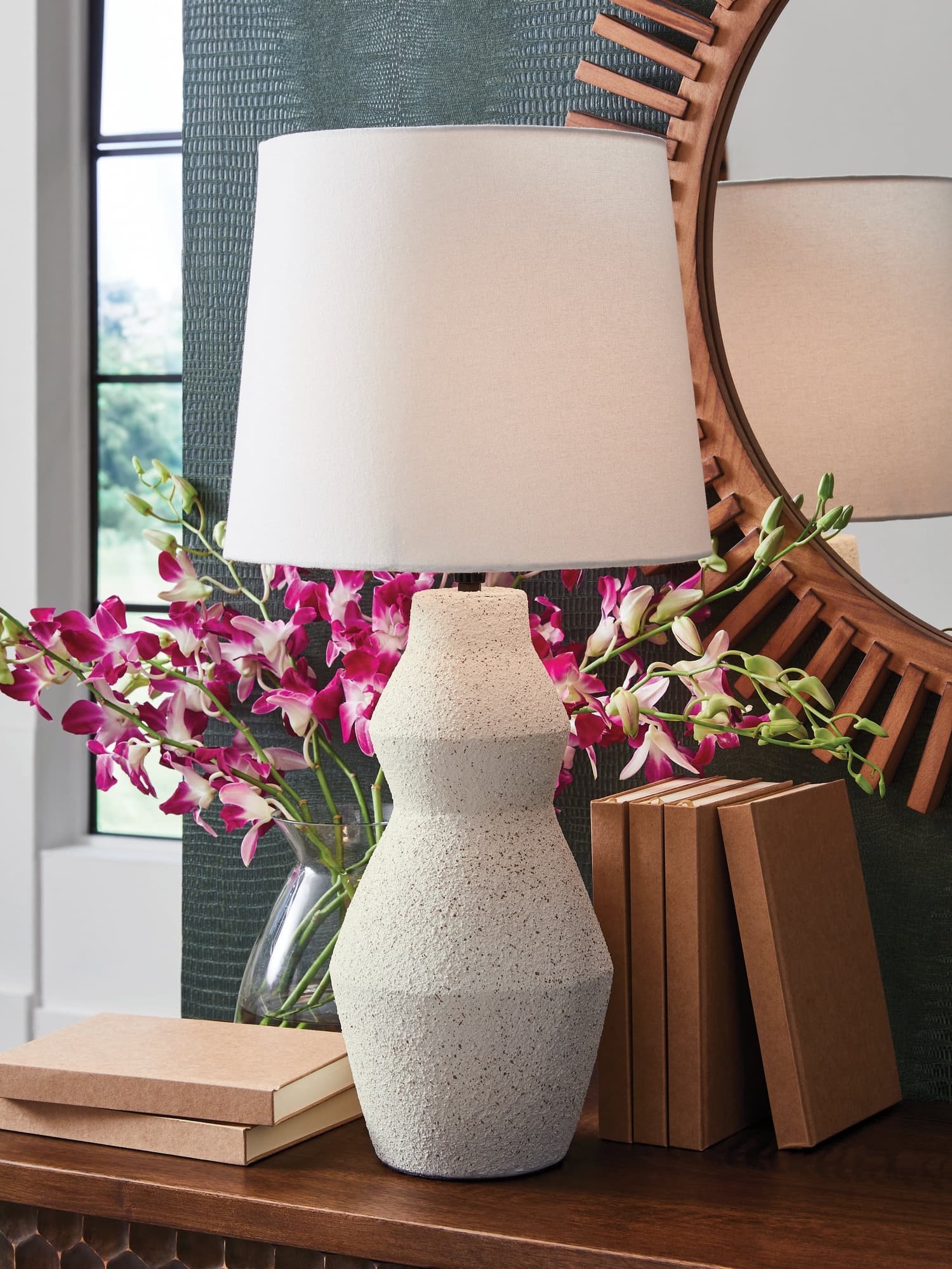 Dawthorne Cream Table Lamp front view with speckled finish