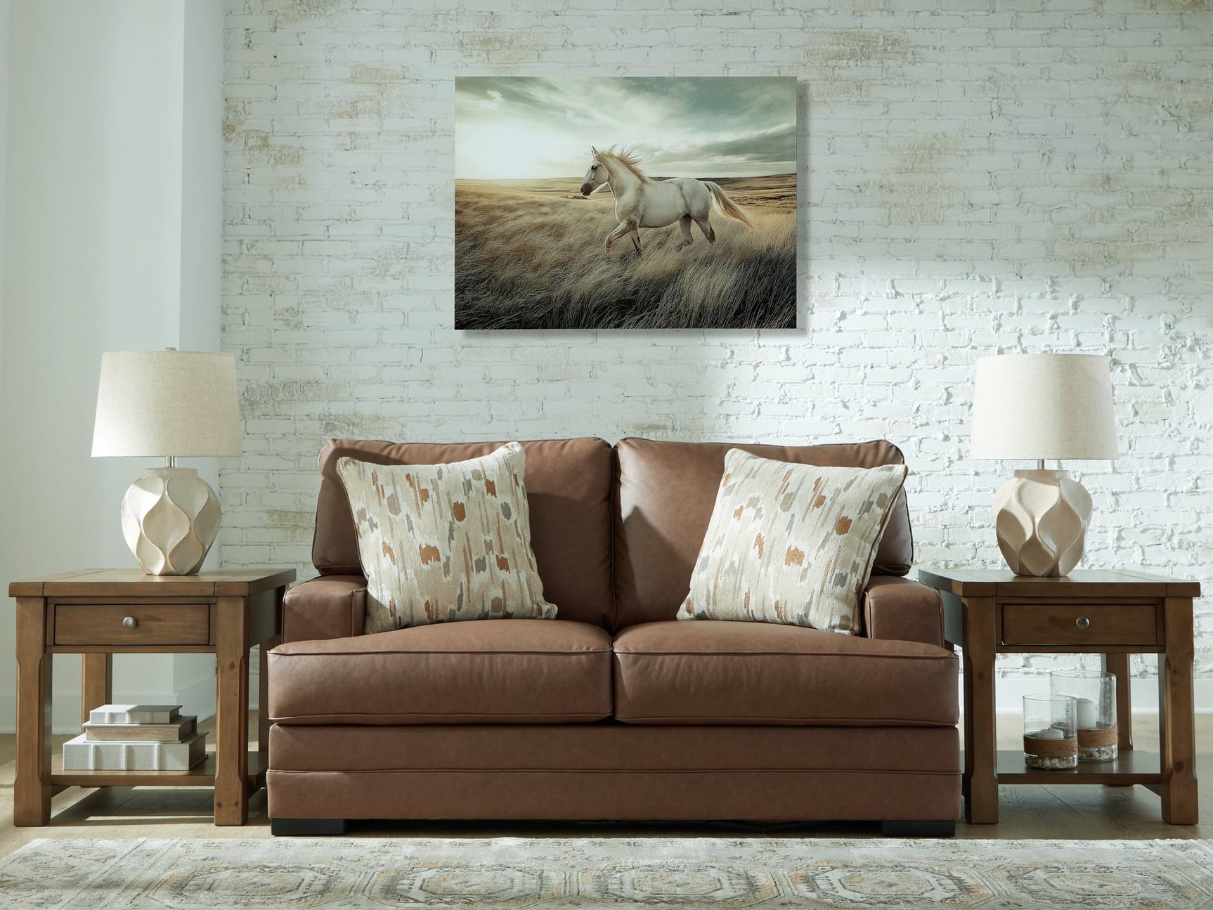 VillaCourt caramel faux leather loveseat angled view