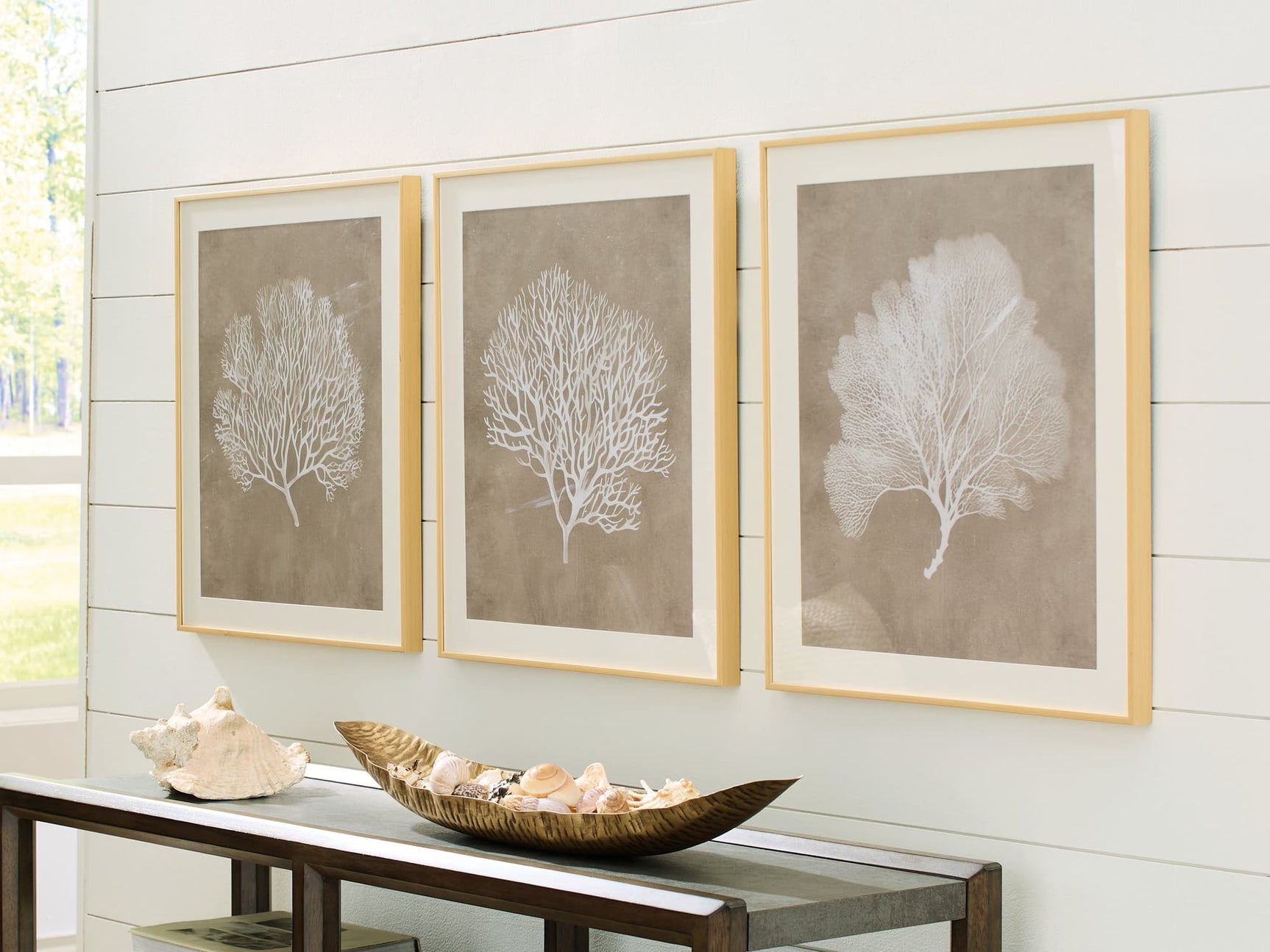 Hendridge wall art set of 3 with light brown frames, front view