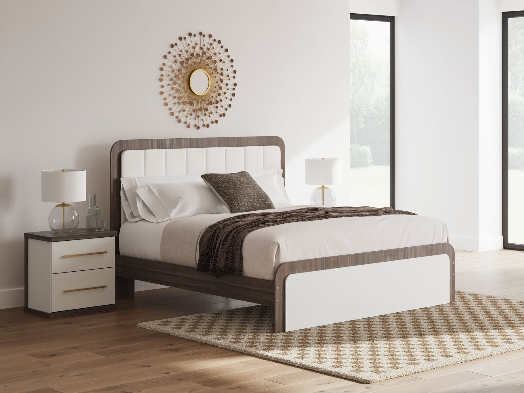 Kendanport King Upholstered White and Brown Bed Front View