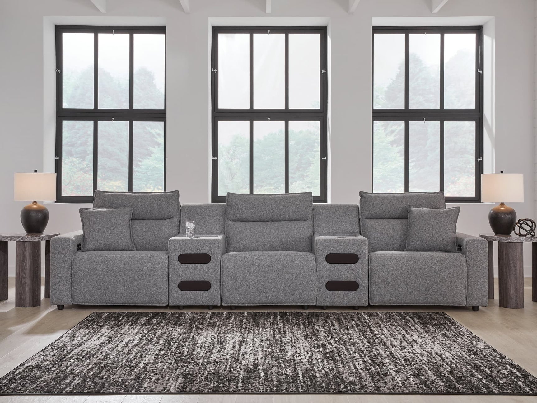 Modmax II Salt and Pepper 5-piece power reclining sectional with audio consoles front angle