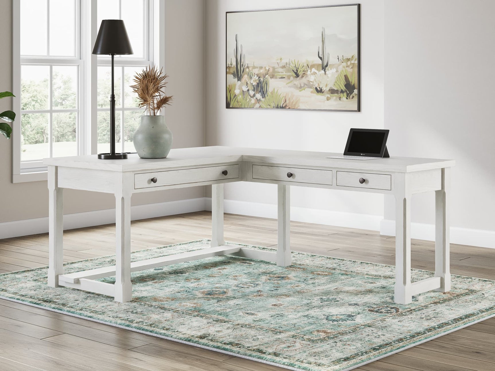 Robbinsdale Antique White L-Shaped Home Office Desk front view