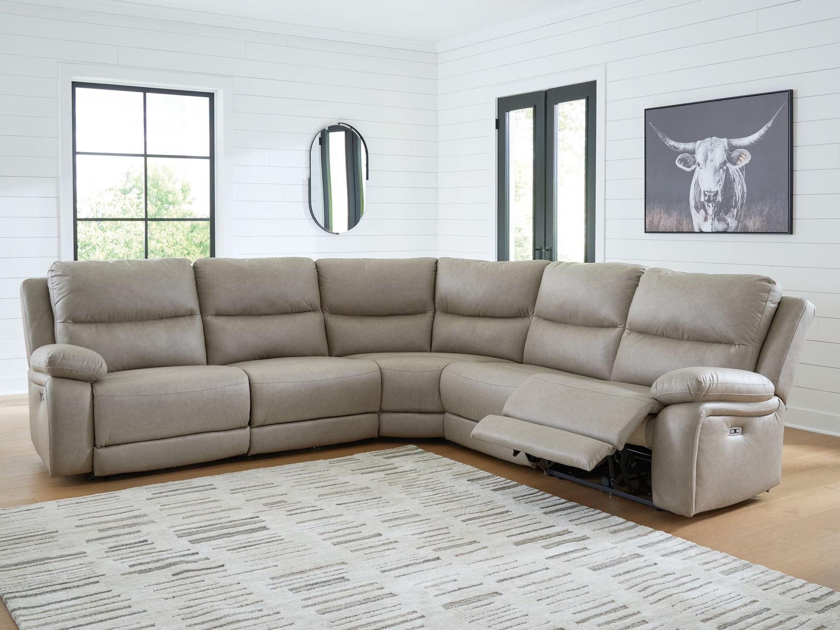 Narwhal Place faux leather power reclining sectional, front angle