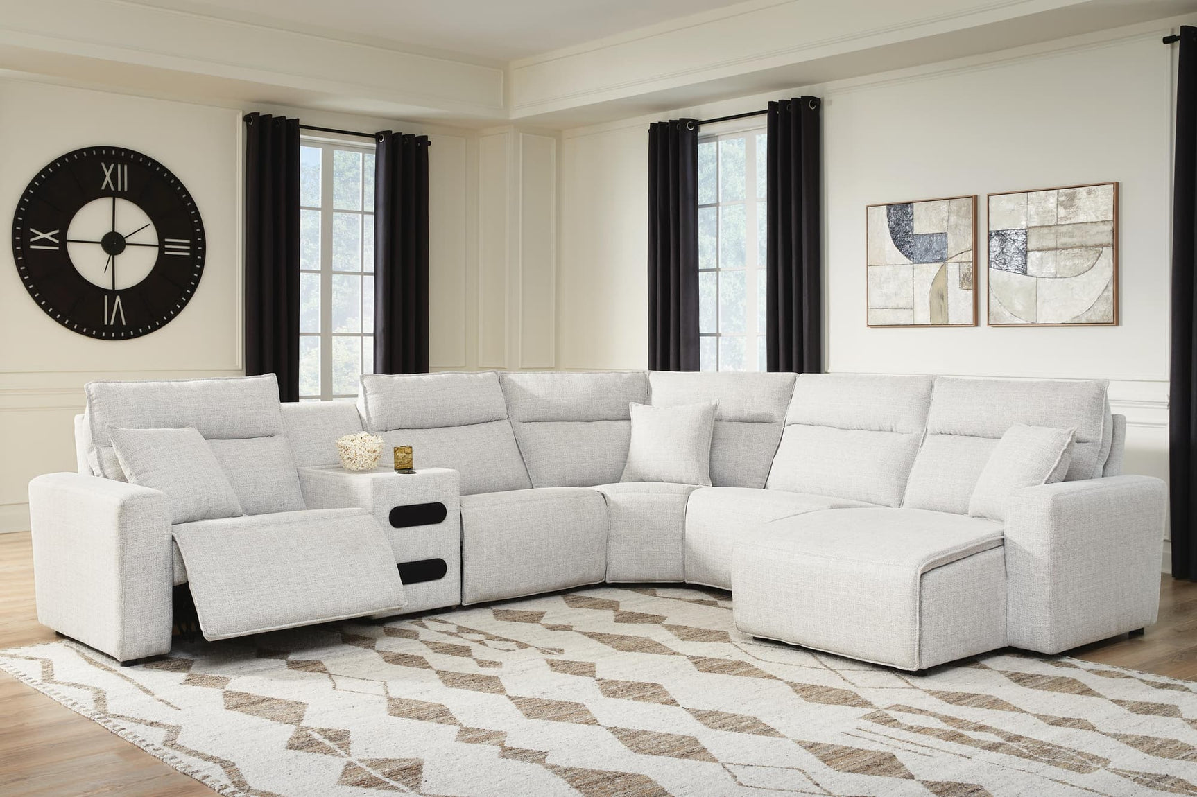 Modmax II Stone 6-Piece Reclining Sectional front angle with chaise and audio console