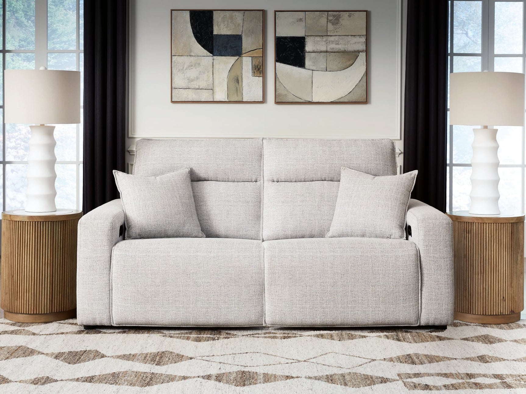 Modmax II Stone 2-Piece Power Reclining Loveseat shown from front angle