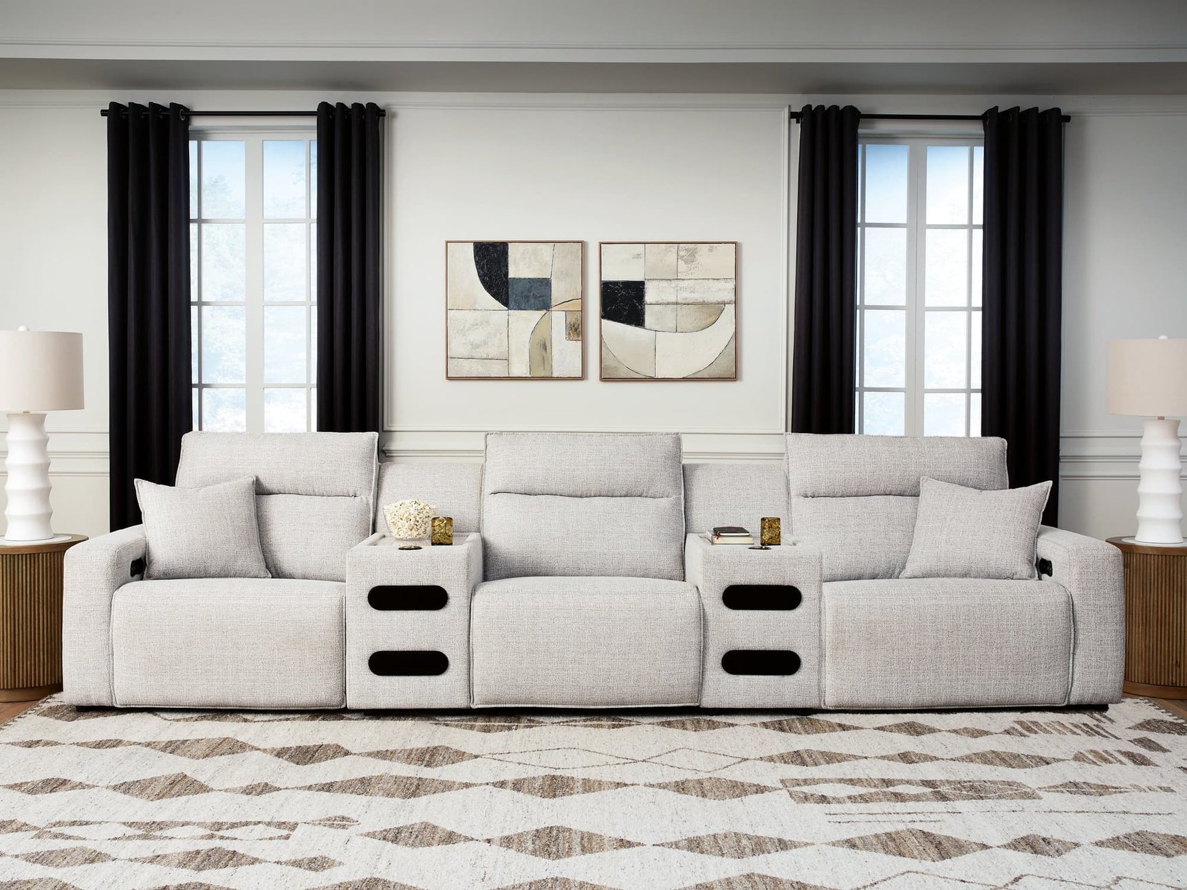 Modmax II Stone 5-Piece Power Reclining Sectional with Audio Consoles straight front view