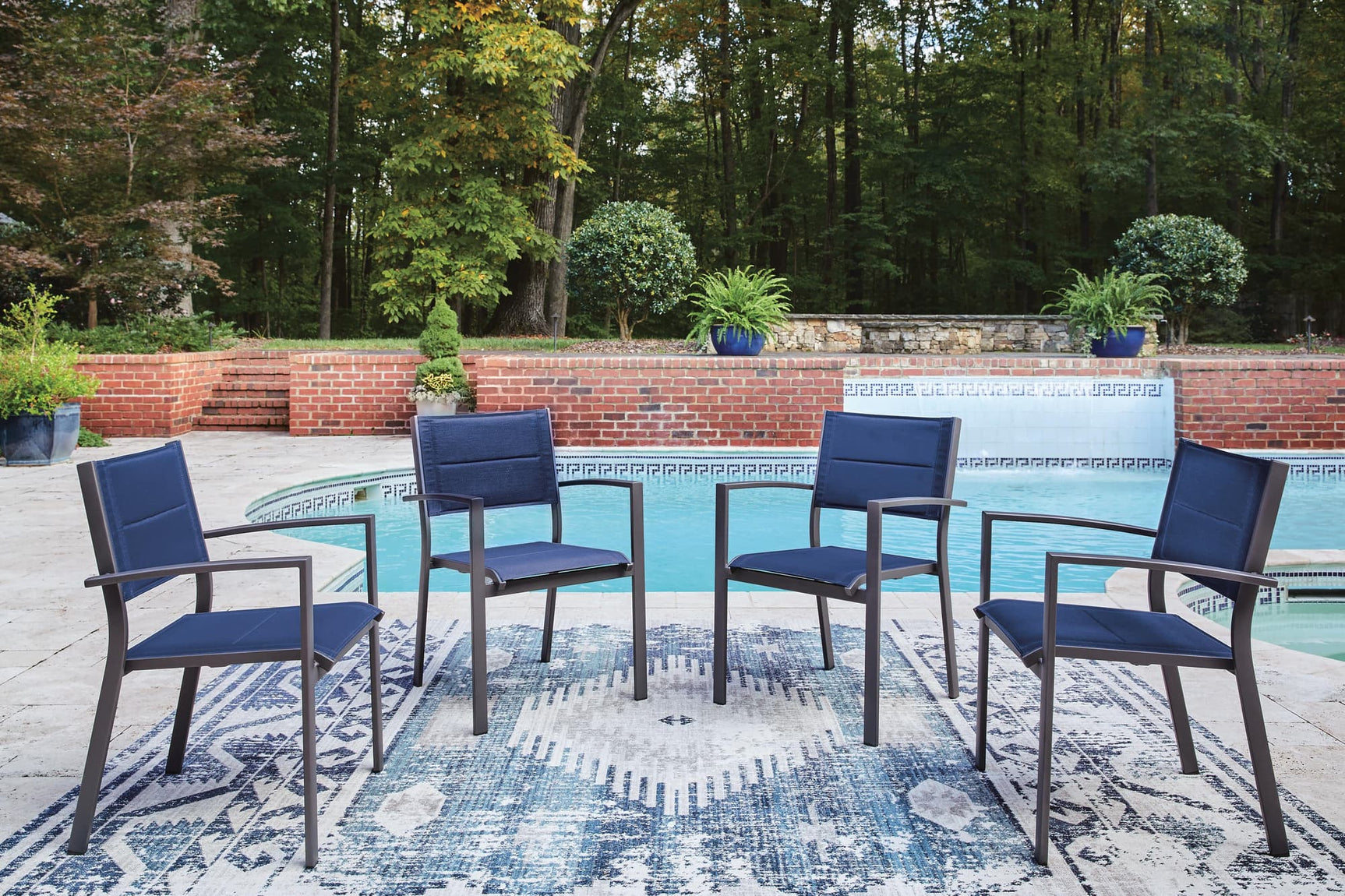 Rocky Creek Blue/Gray Outdoor Sling Arm Chair set front angle