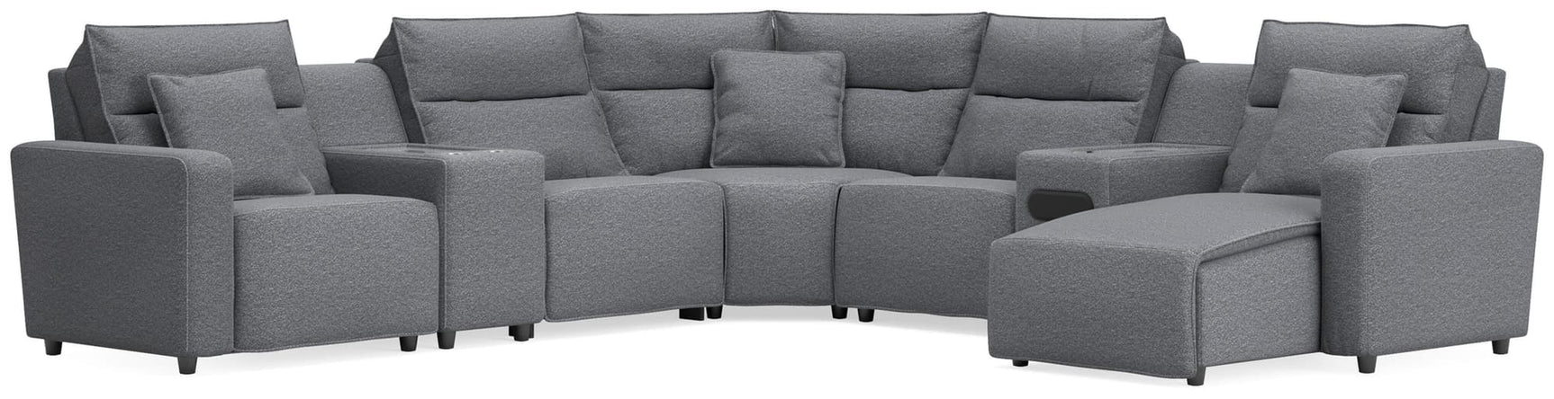 Modmax II Salt and Pepper 7-Piece Power Reclining Sectional with Chaise and Audio System front view