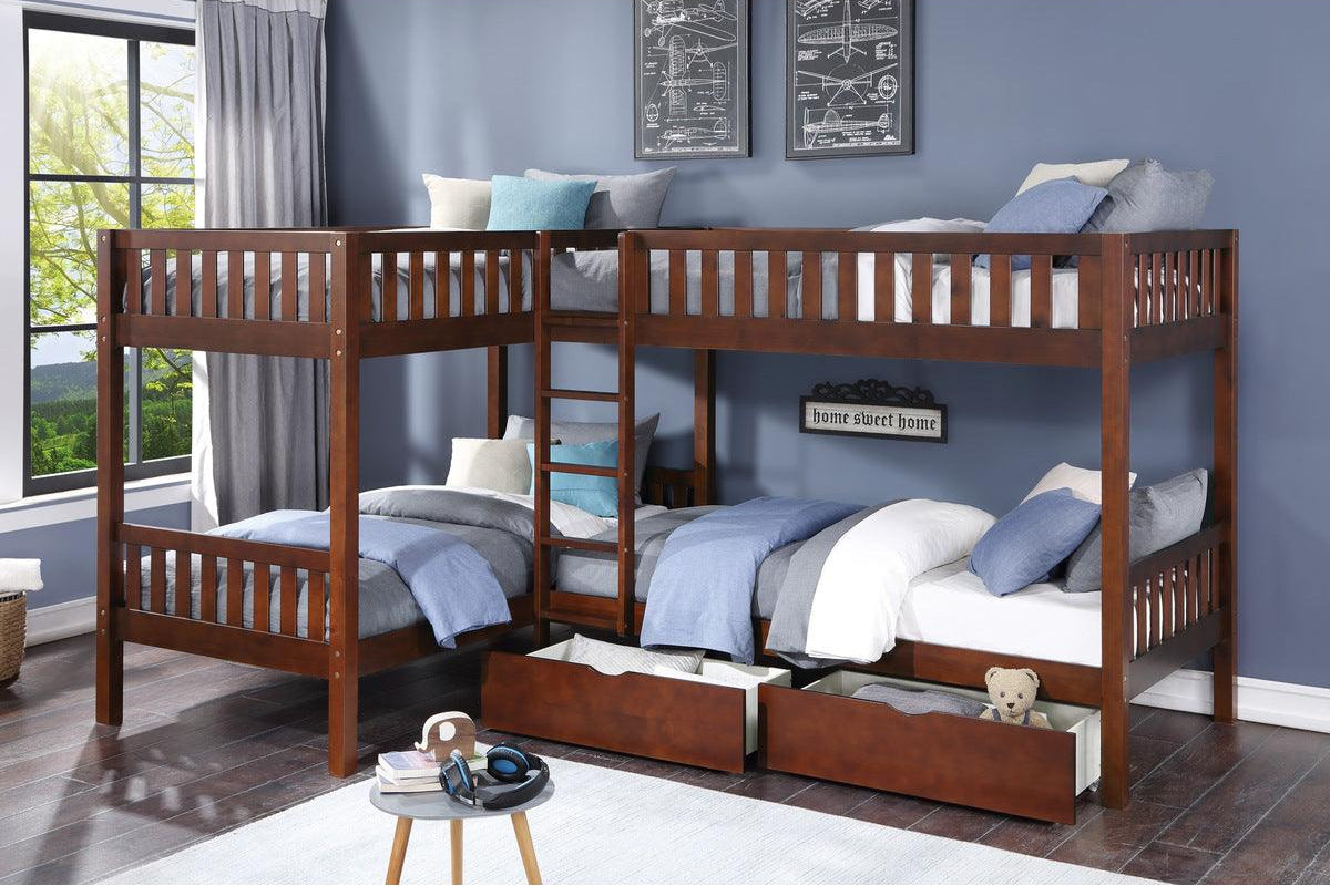 Rowe Dark Cherry Corner Bunk Bed with Storage Boxes overall full view