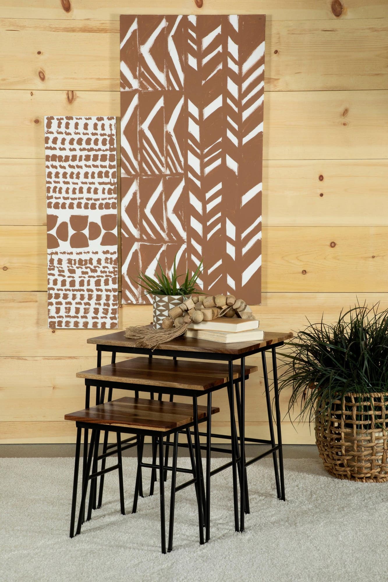Nayeli 3-piece nesting tables front view showing natural wood tops and black hairpin legs