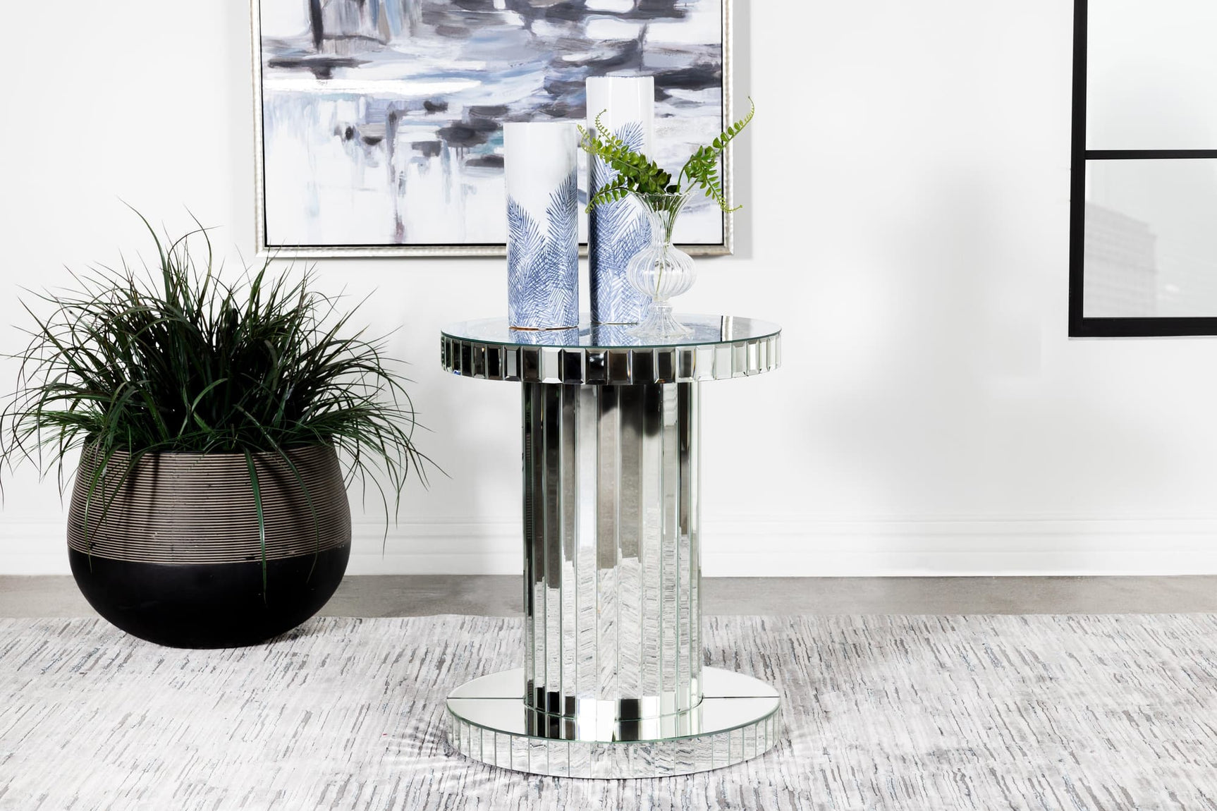 Dorielle Crystal Inlay Round Top Accent Table Mirror view from front showing crystal inlay and round mirrored top