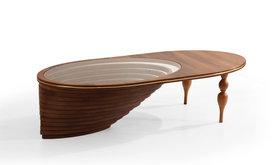 Polina Coffee Table side angle showing walnut top and gold legs
