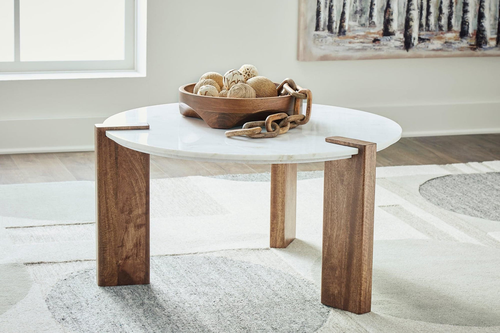 Isanti white and brown marble top coffee table, top-down view