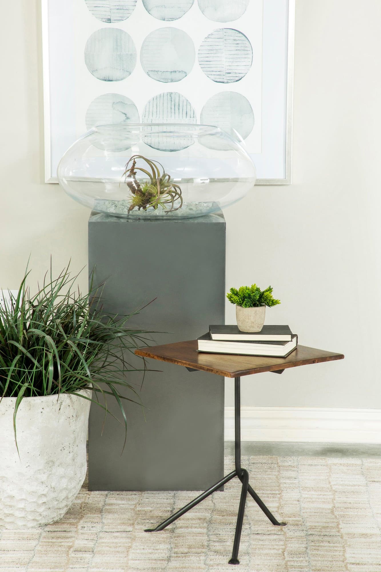 Heitor square accent table angled view showing dark brown mango wood top and gunmetal tripod legs