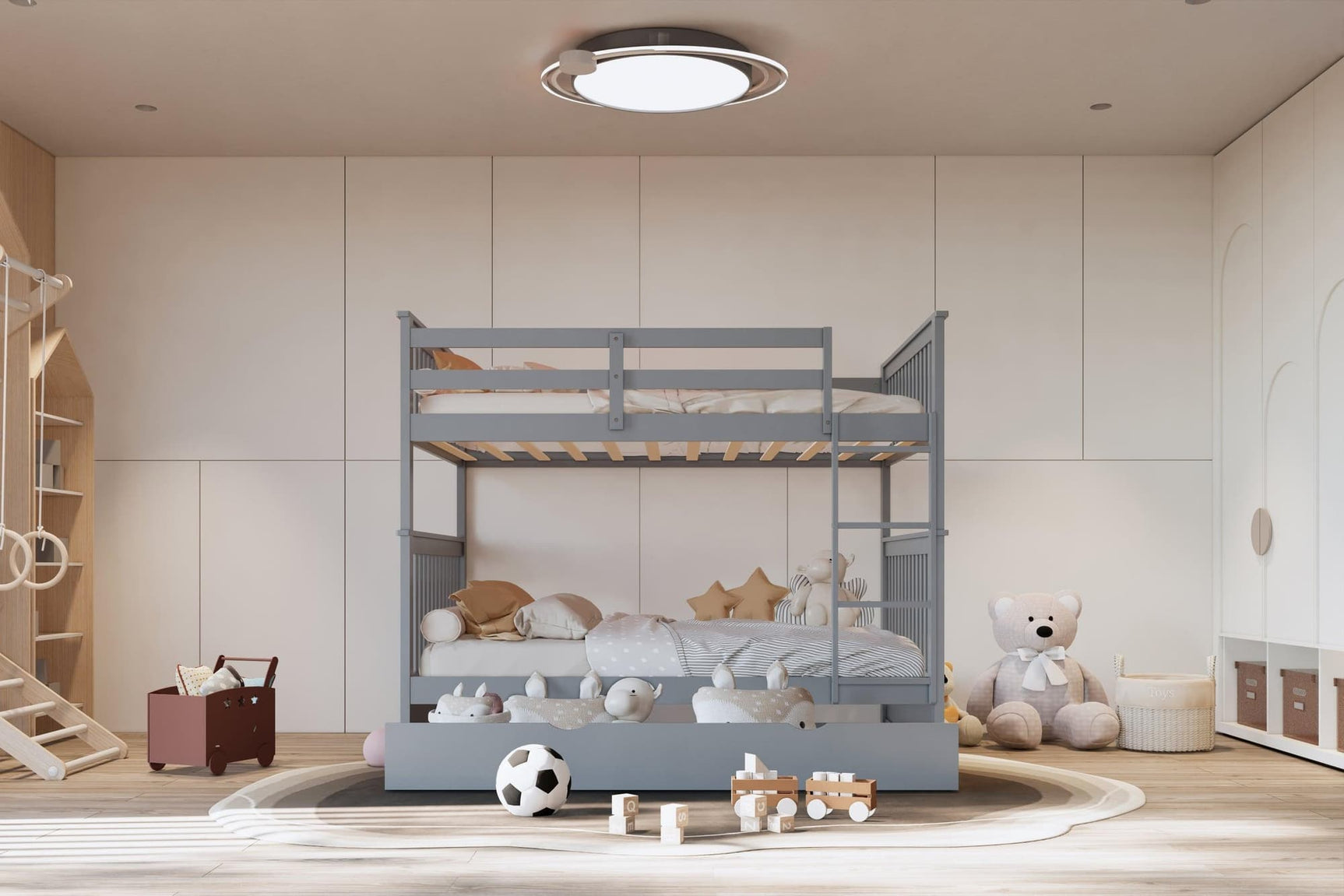 Gray solid wood twin over twin bunk bed with trundle - front angle