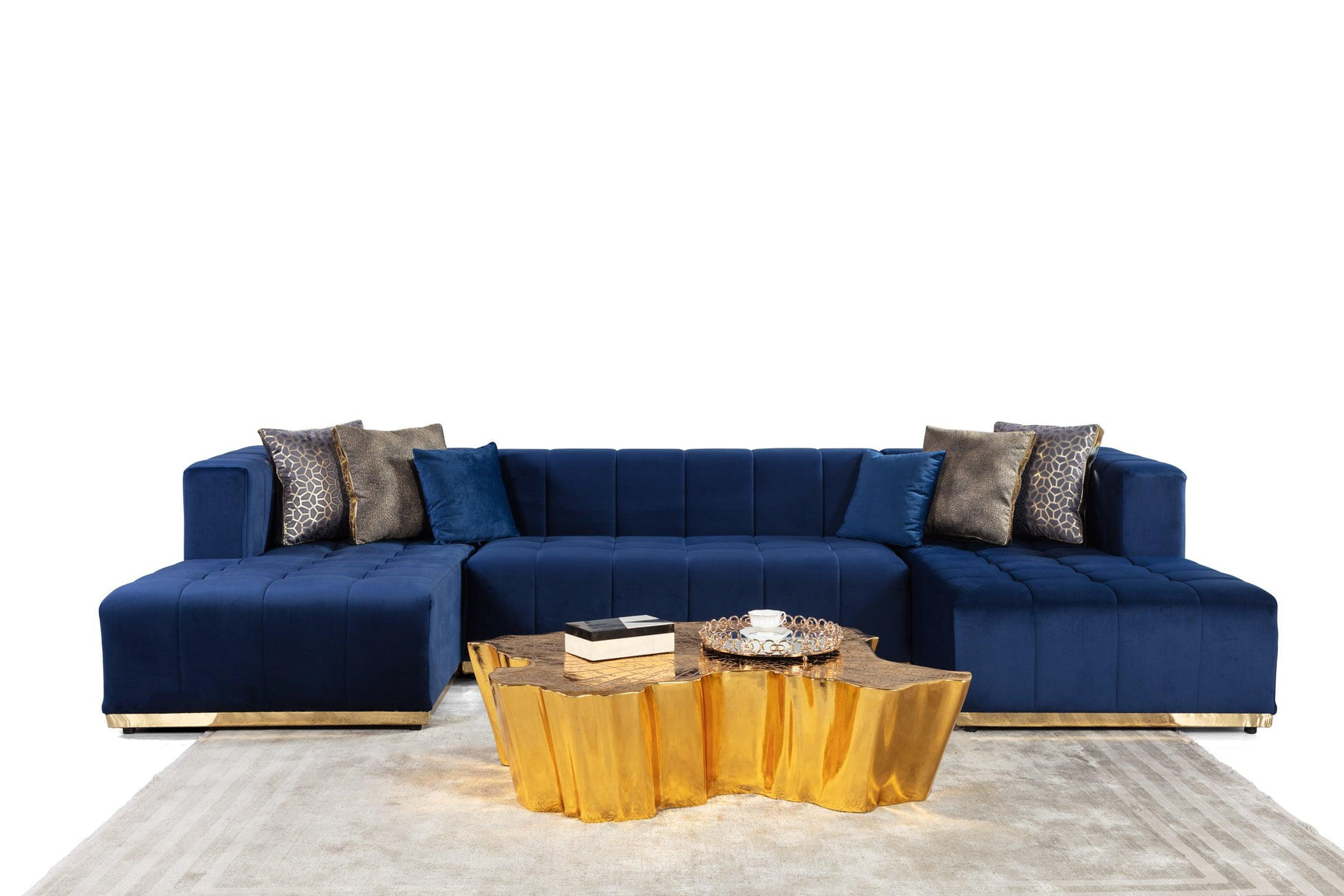 Side view of Amelia Navy Velvet Double Chaise Sectional sofa