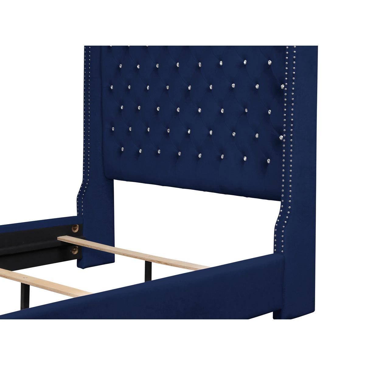 Elegant tufted king panel bed in blue solid wood frame