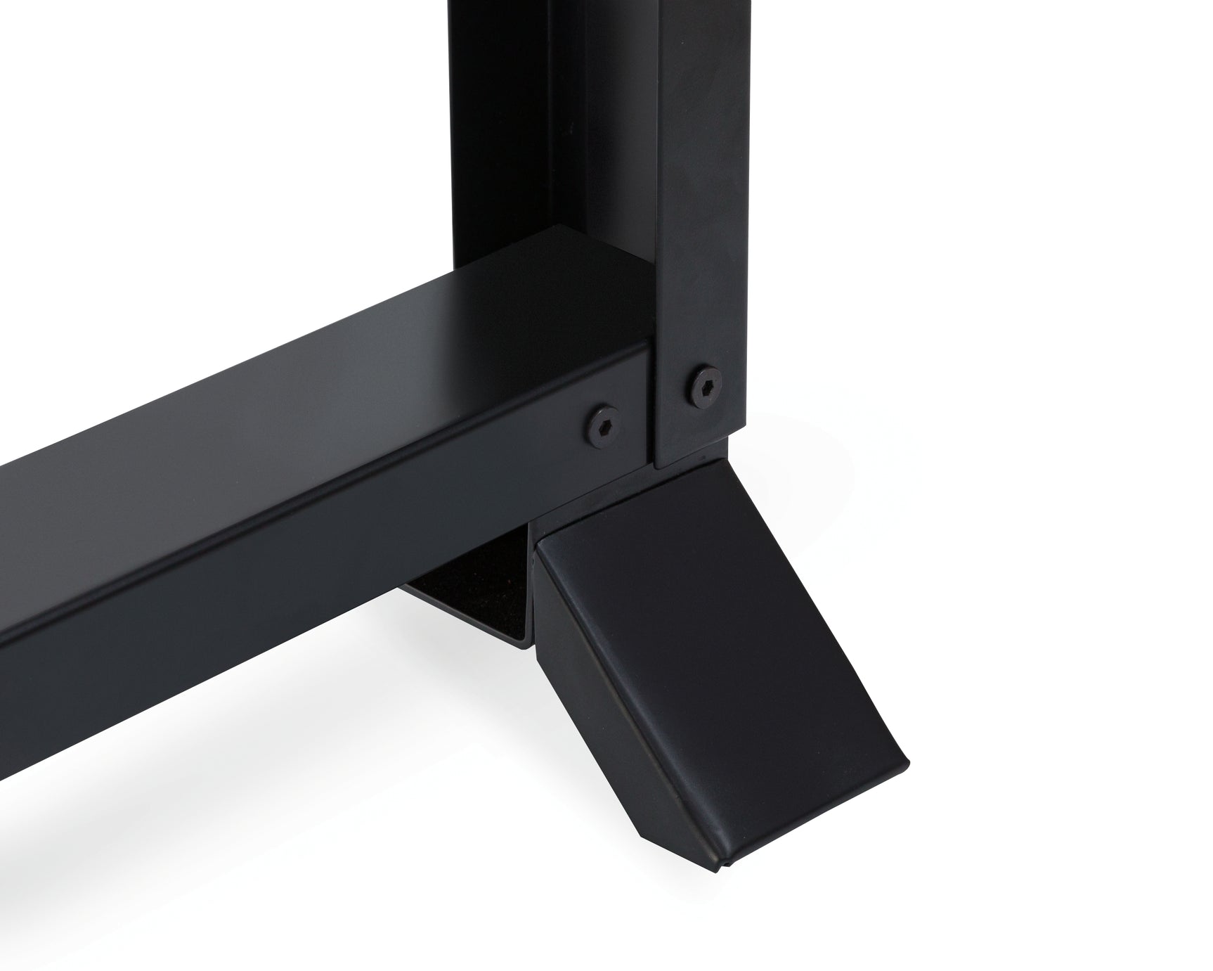 Close-up detail of black metal frame hardware