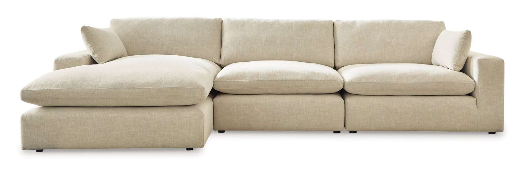 Detail view of linen upholstery on Elyza sectional sofa