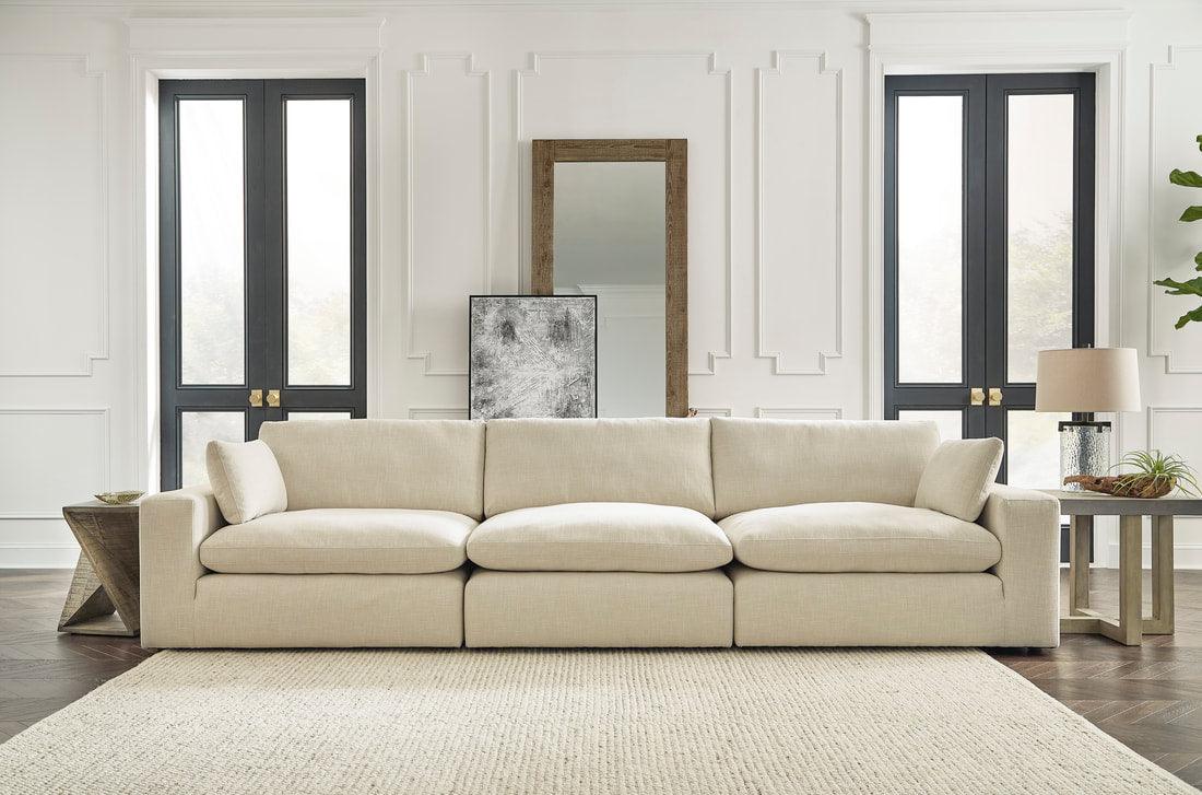 main view of linen feather fiber blend oversized sectional sofa