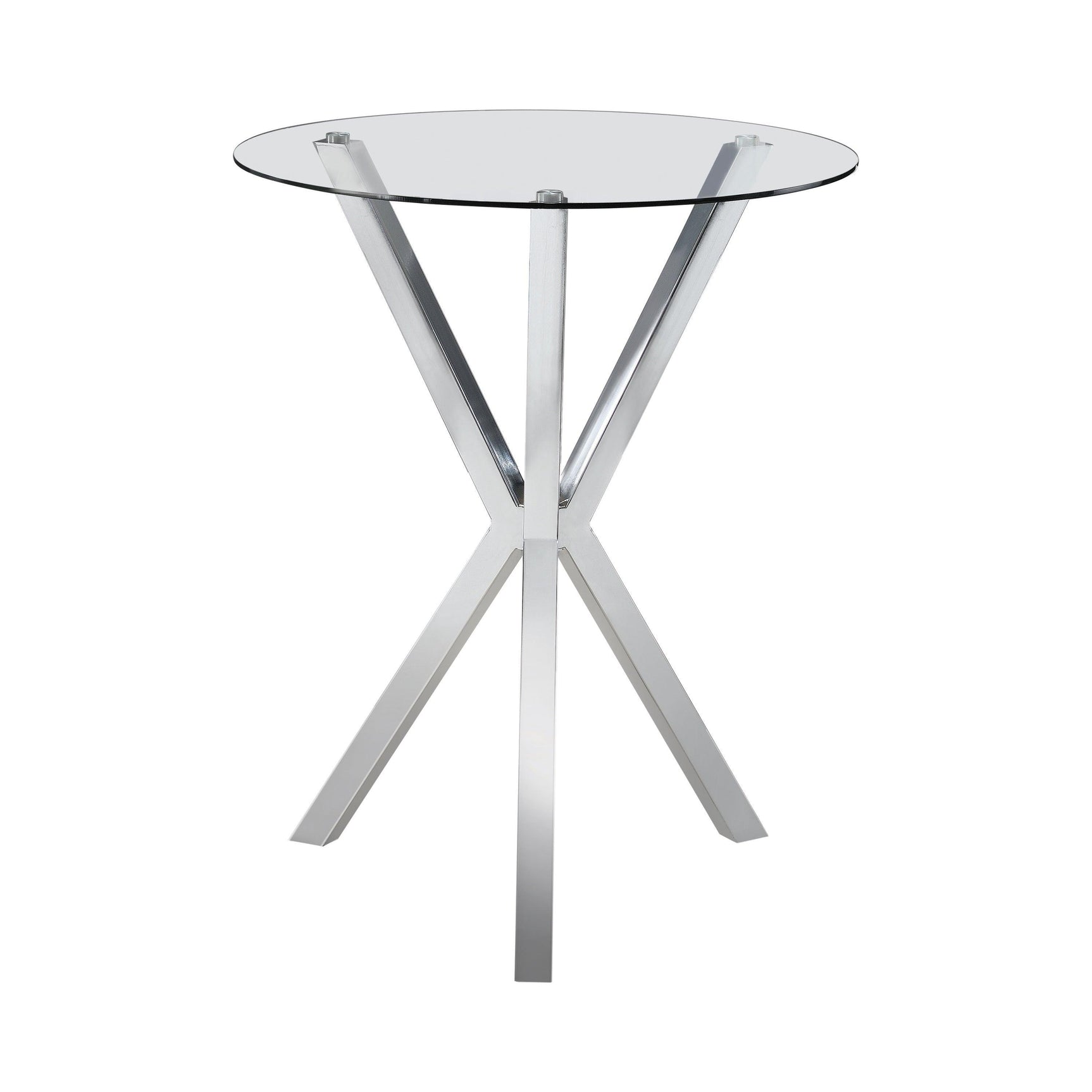 Side view of Denali round chrome bar table