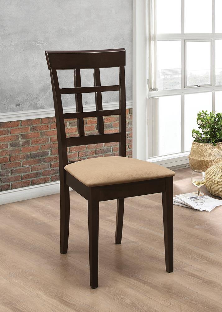 Gabriel Lattice Back Dining Chair front angle cappuccino finish with tan upholstered seat