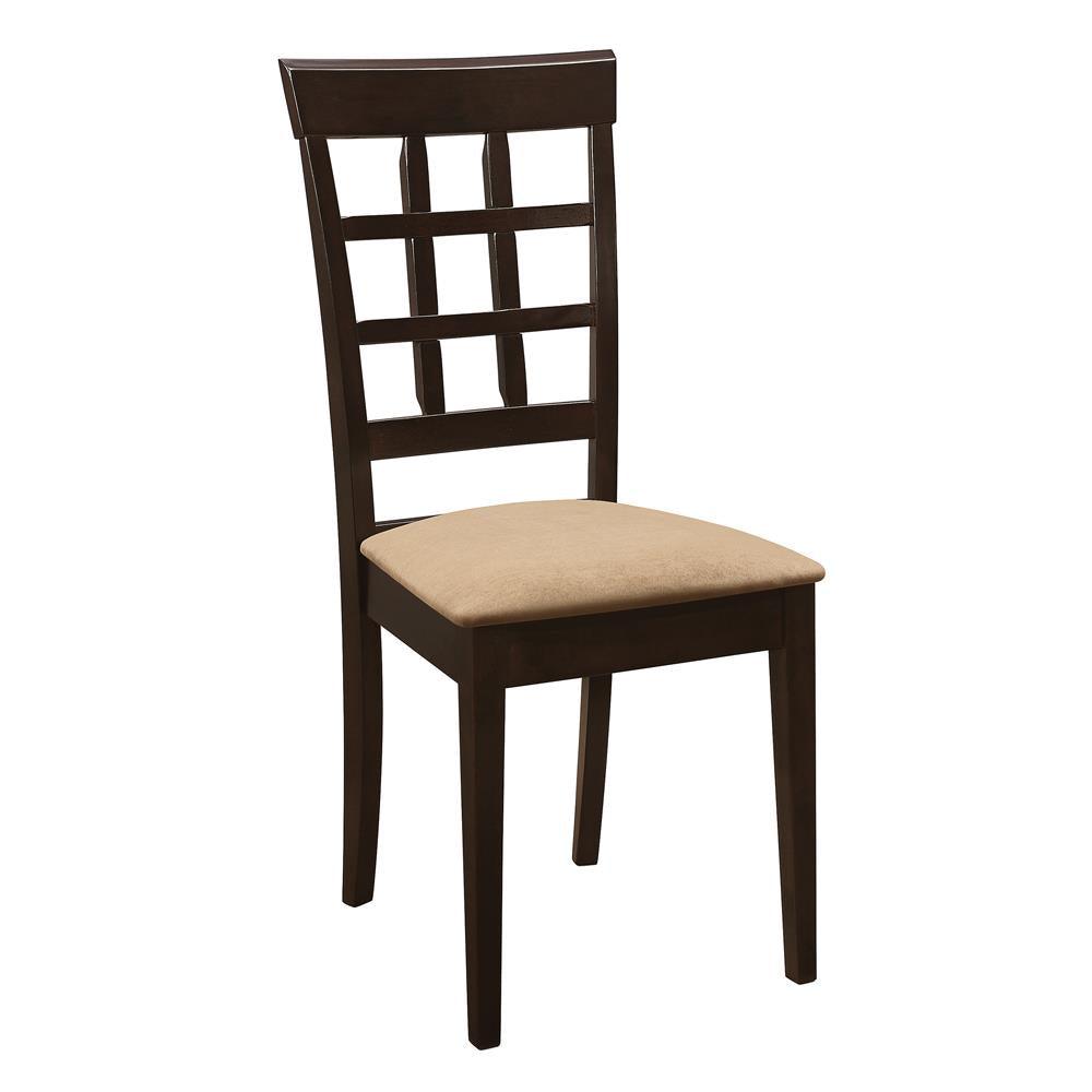 Pair of Gabriel Lattice Back Dining Chairs in cappuccino wood and tan microfiber