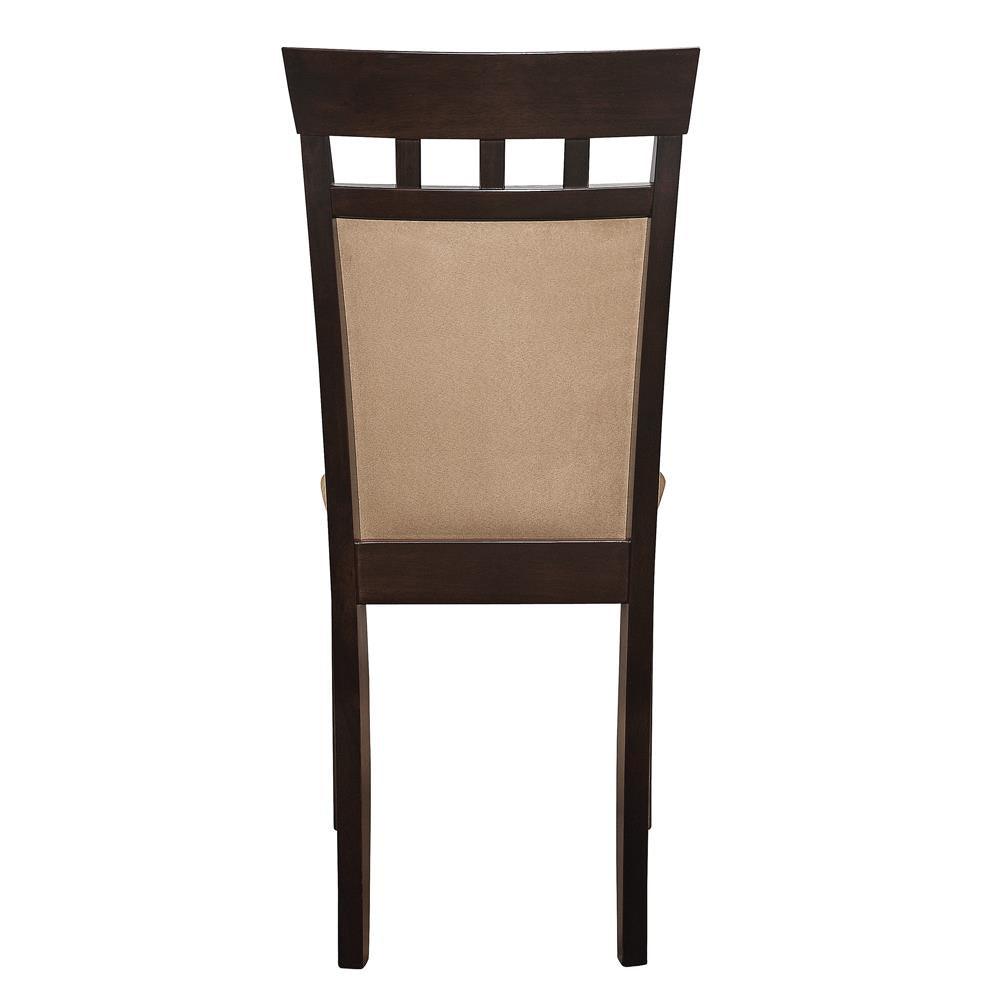 High back upholstered dining chair in cappuccino and tan