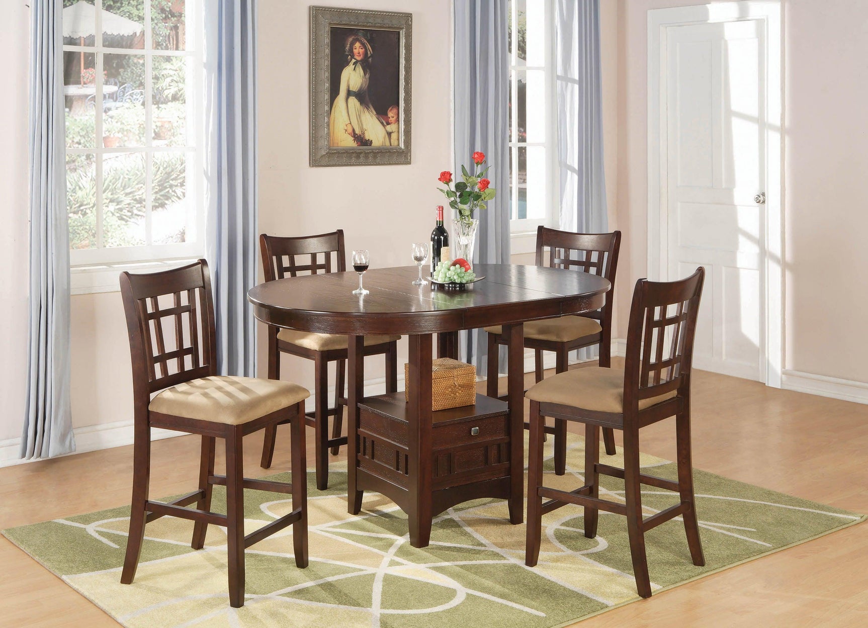 Side view of Lavon Oval Counter Height Dining Table highlighting pedestal storage