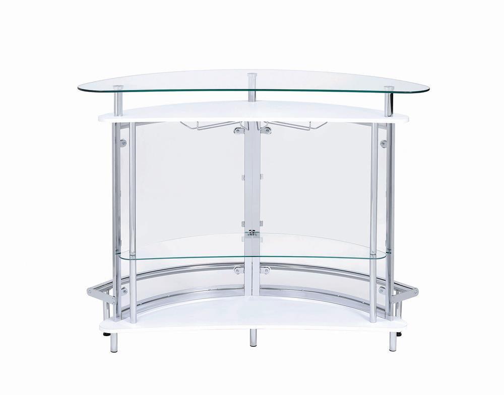 Amarillo 2-tier bar unit close-up on chrome and glass details