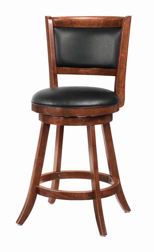 Broxton upholstered swivel counter height stools in chestnut wood and black leatherette, front angle