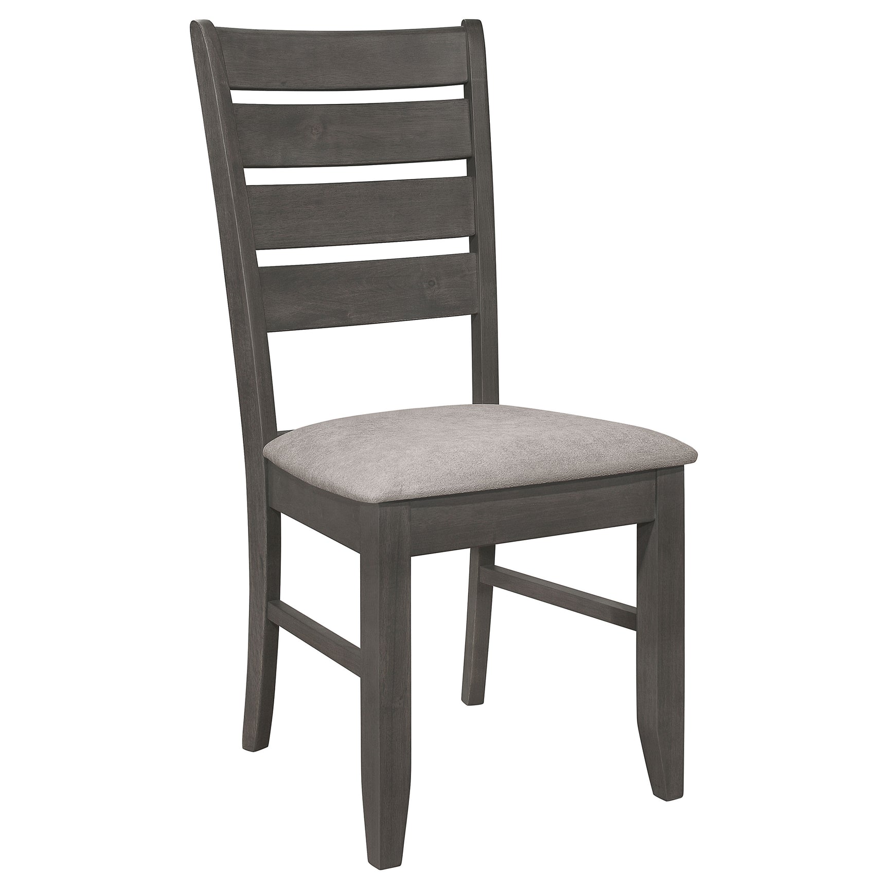 Angle showing chair design and dark grey finish
