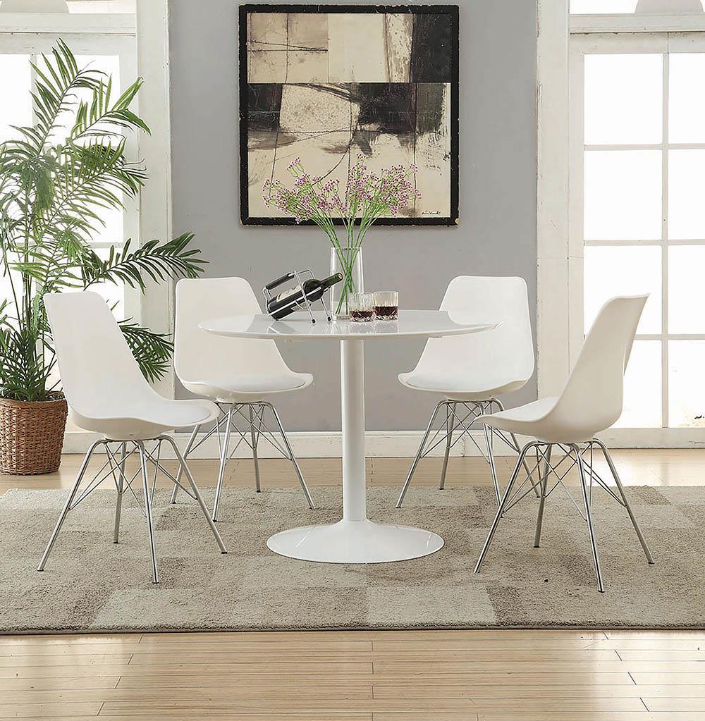 Juniper Armless Dining Chairs set, angled view showing base and upholstery