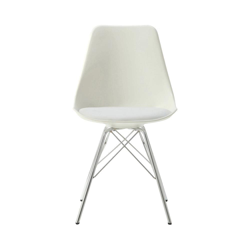Side angle of Juniper Armless Dining Chair in white upholstery and chrome legs
