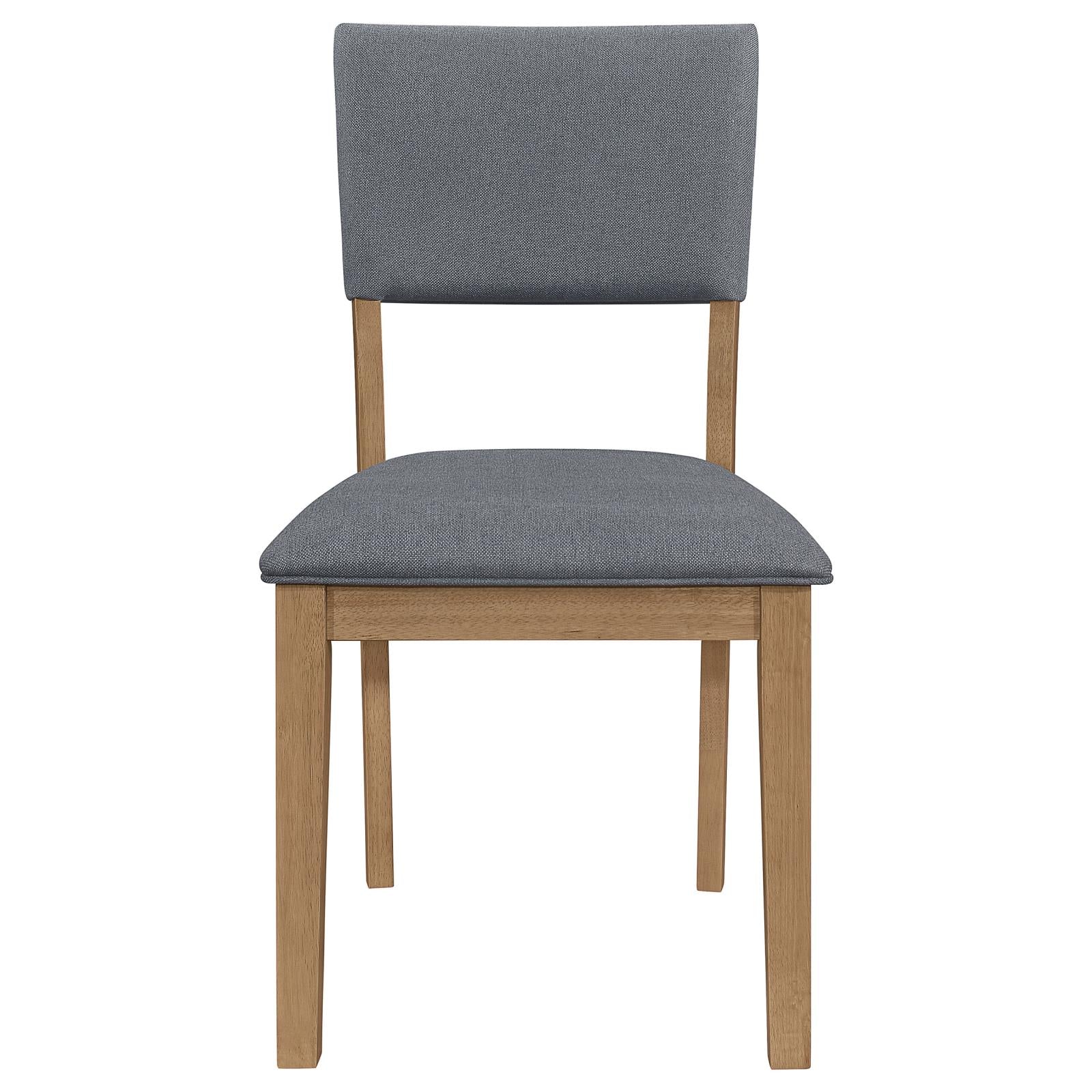 Grey upholstered dining arm chair detail view
