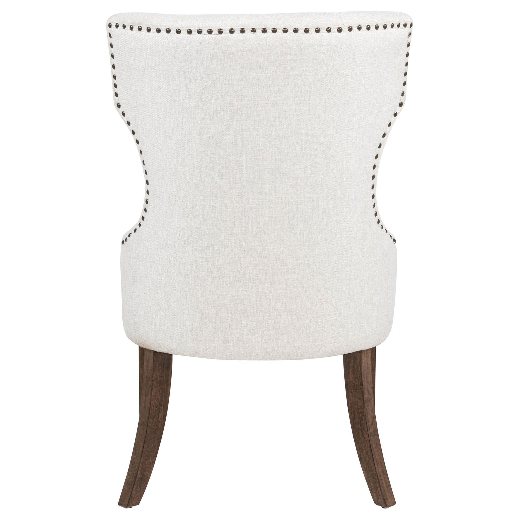 Baney cream fabric upholstered dining side chair with wingback and dark oak legs frontal view