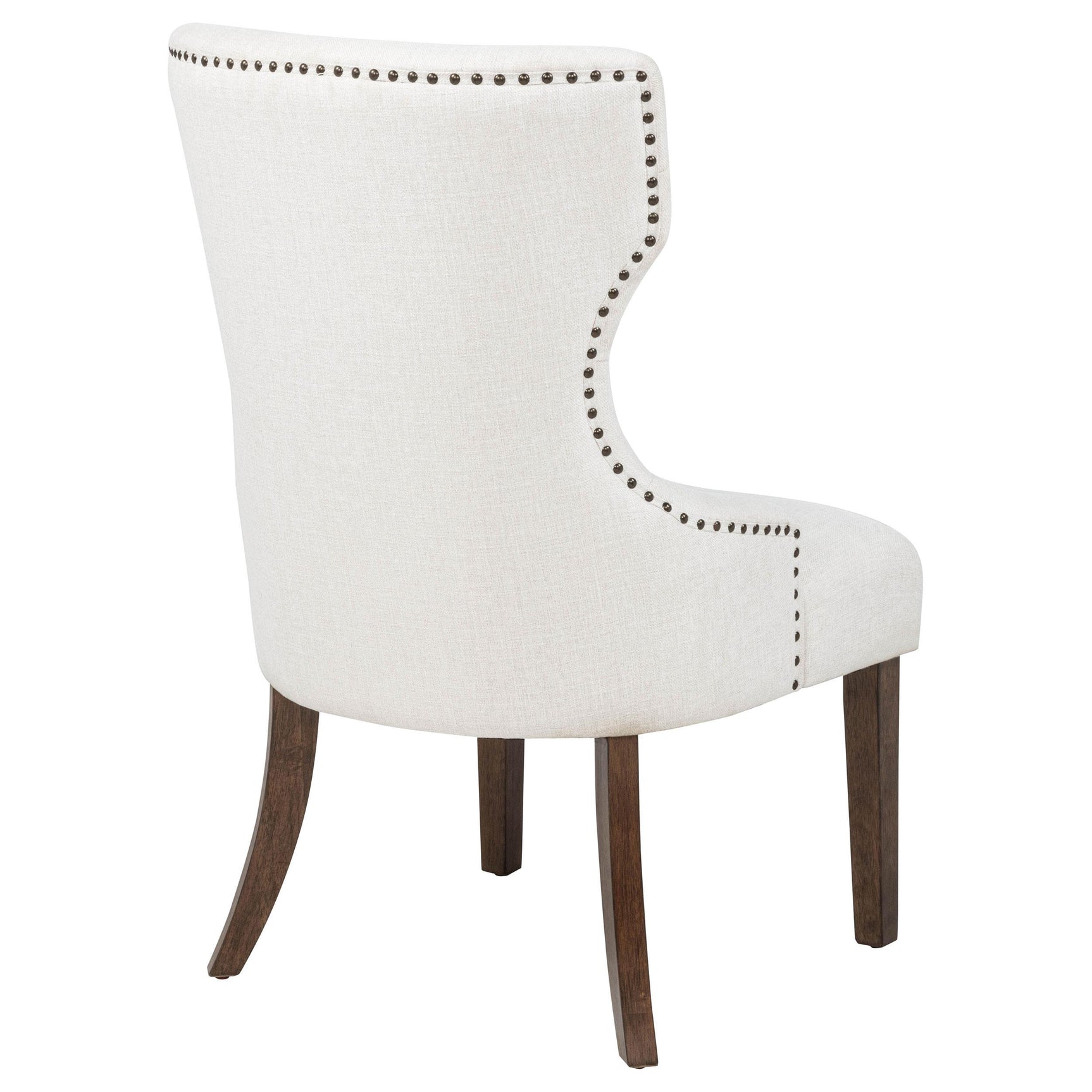 Baney cream fabric upholstered dining side chair with wingback and dark oak legs frontal view