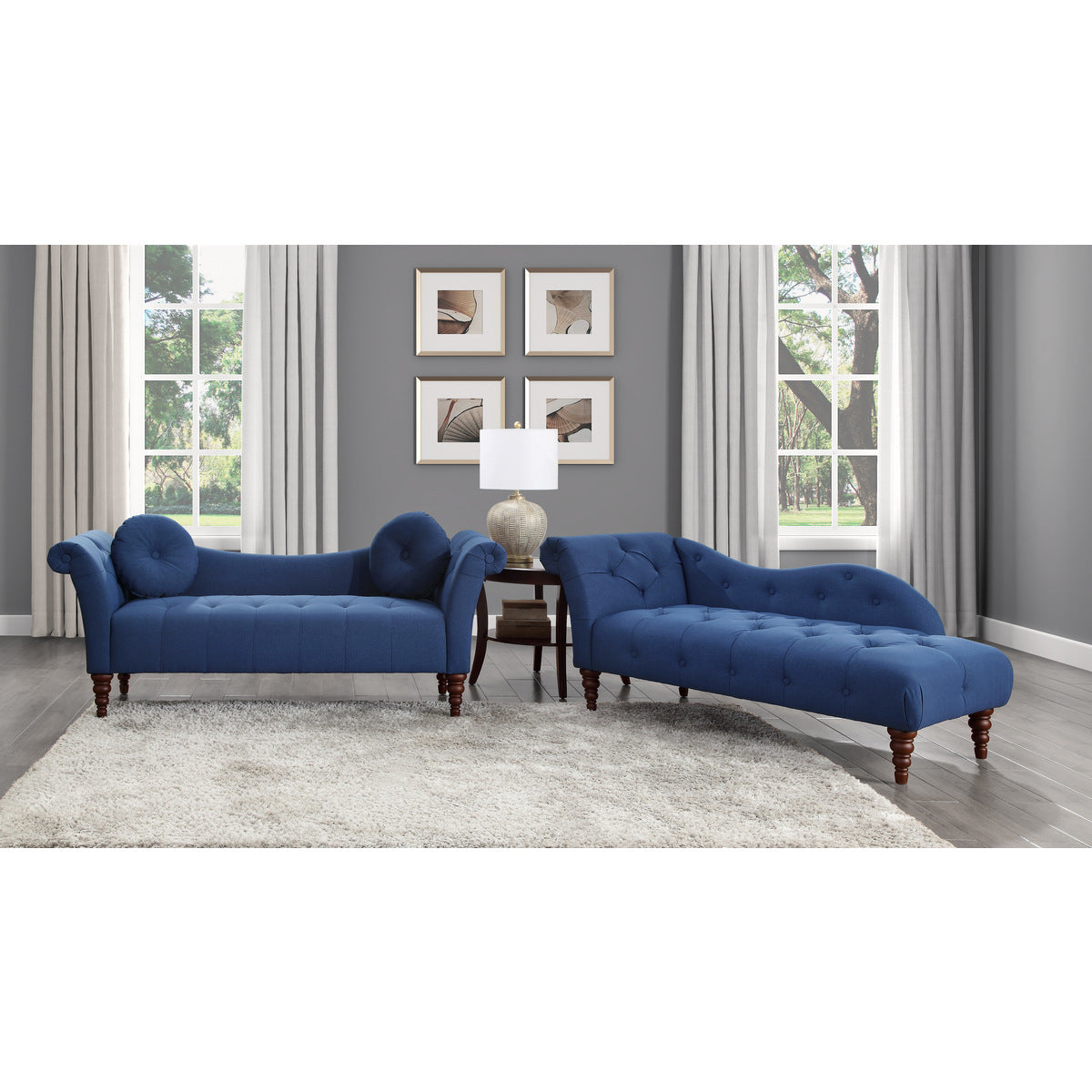 Detailed tufted armrest of Adira Blue Upholstered Settee Sofa