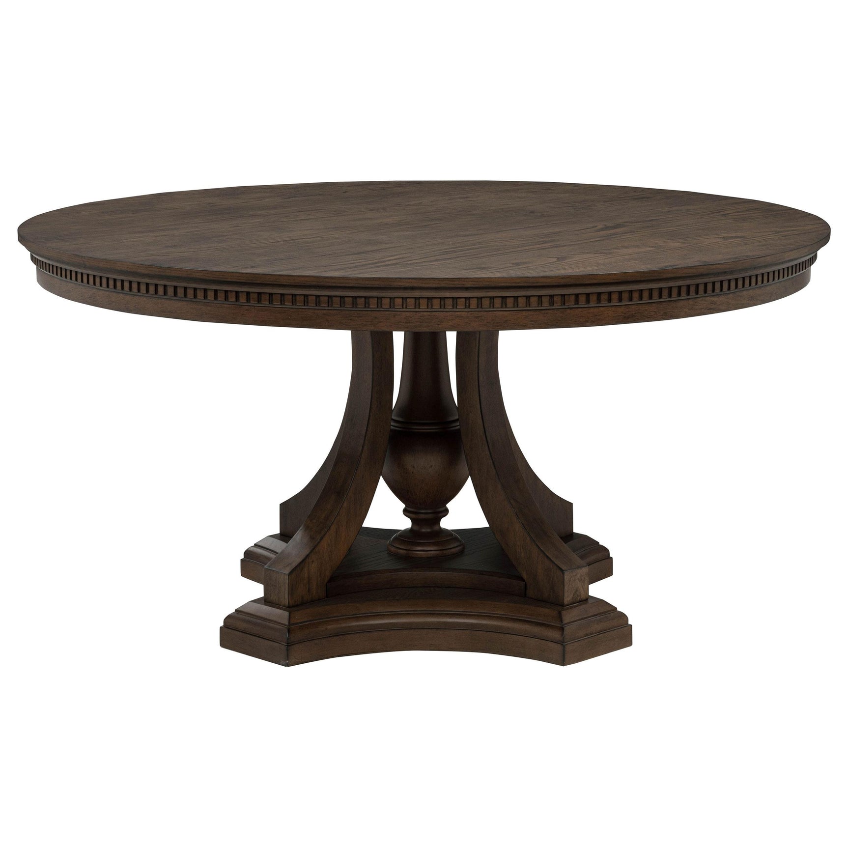 Ridgewell round pedestal dining table dark oak, top view showing oak veneer surface