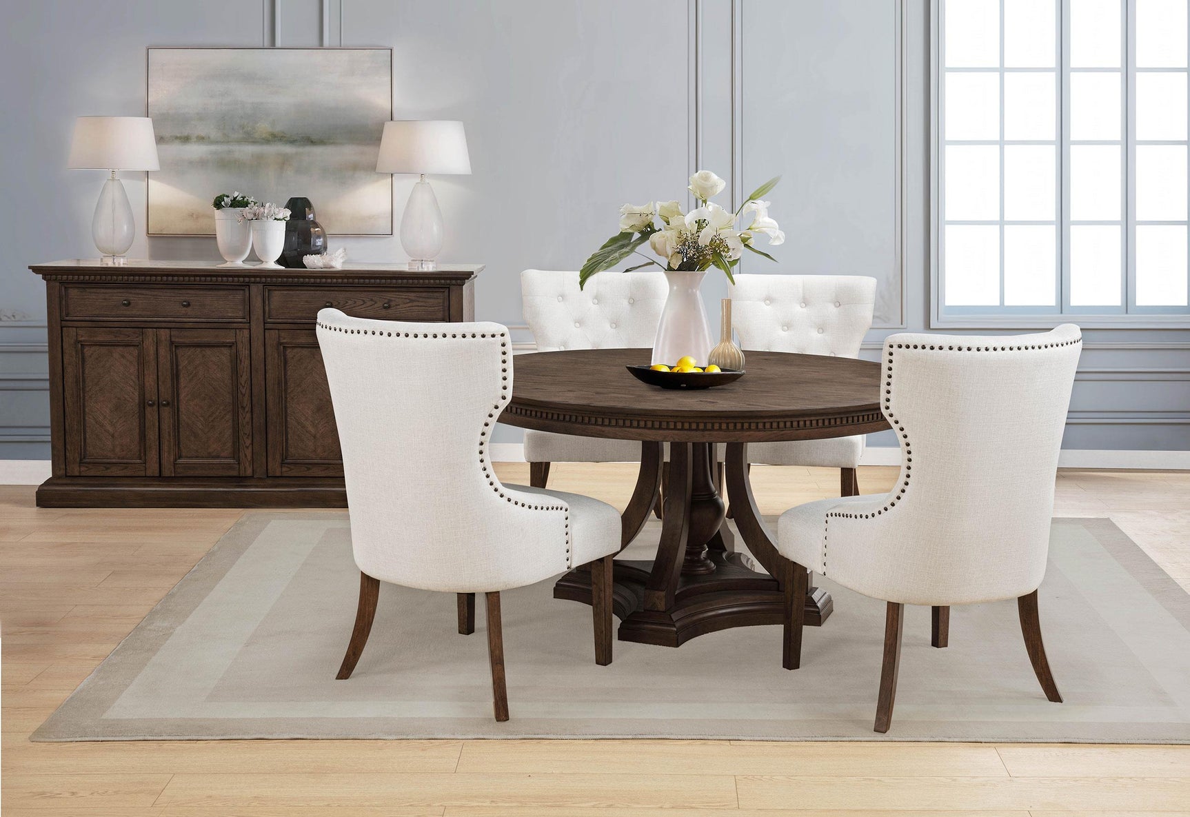 Ridgewell round pedestal dining table dark oak, alternate side angle