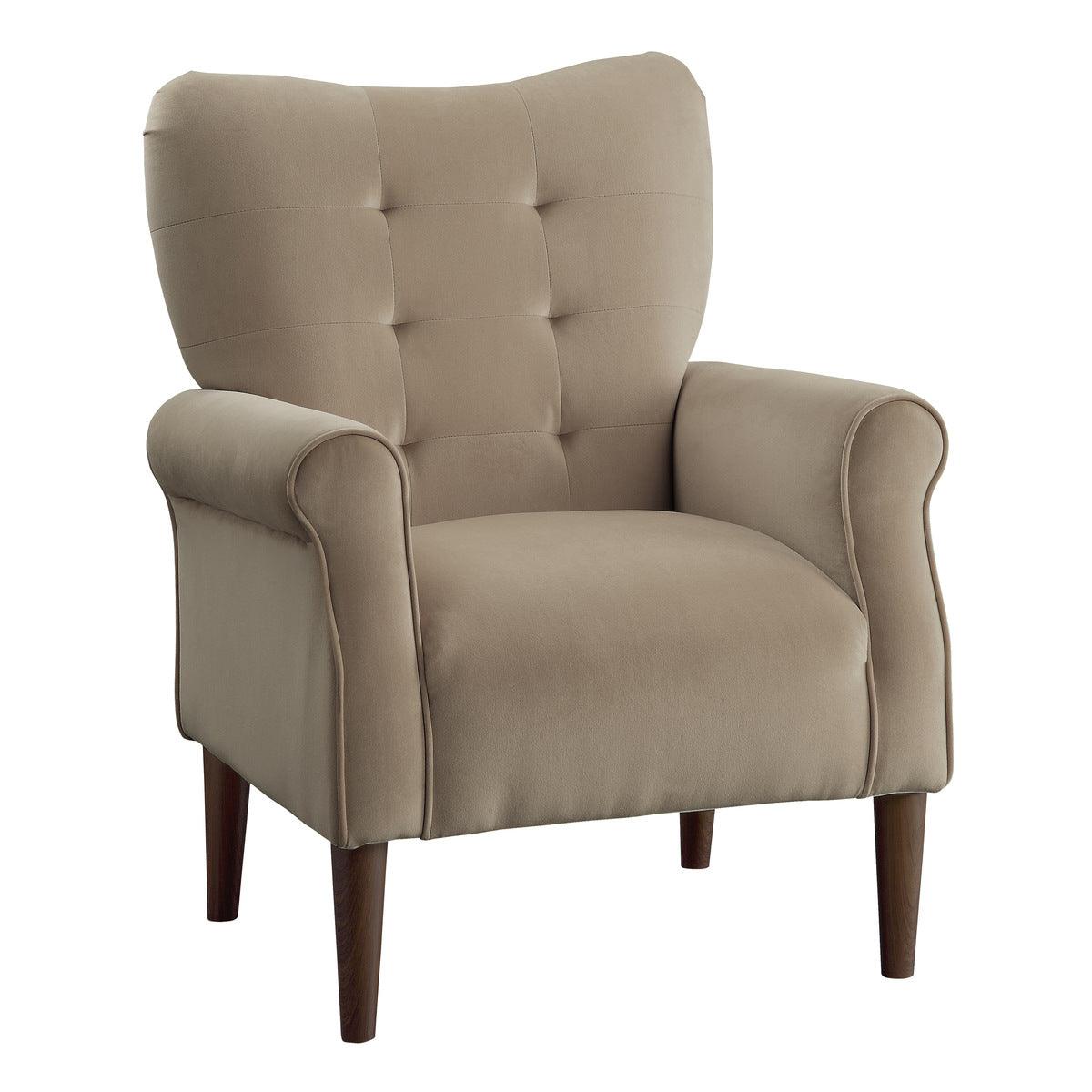 Brown velvet tufted accent chair side angle