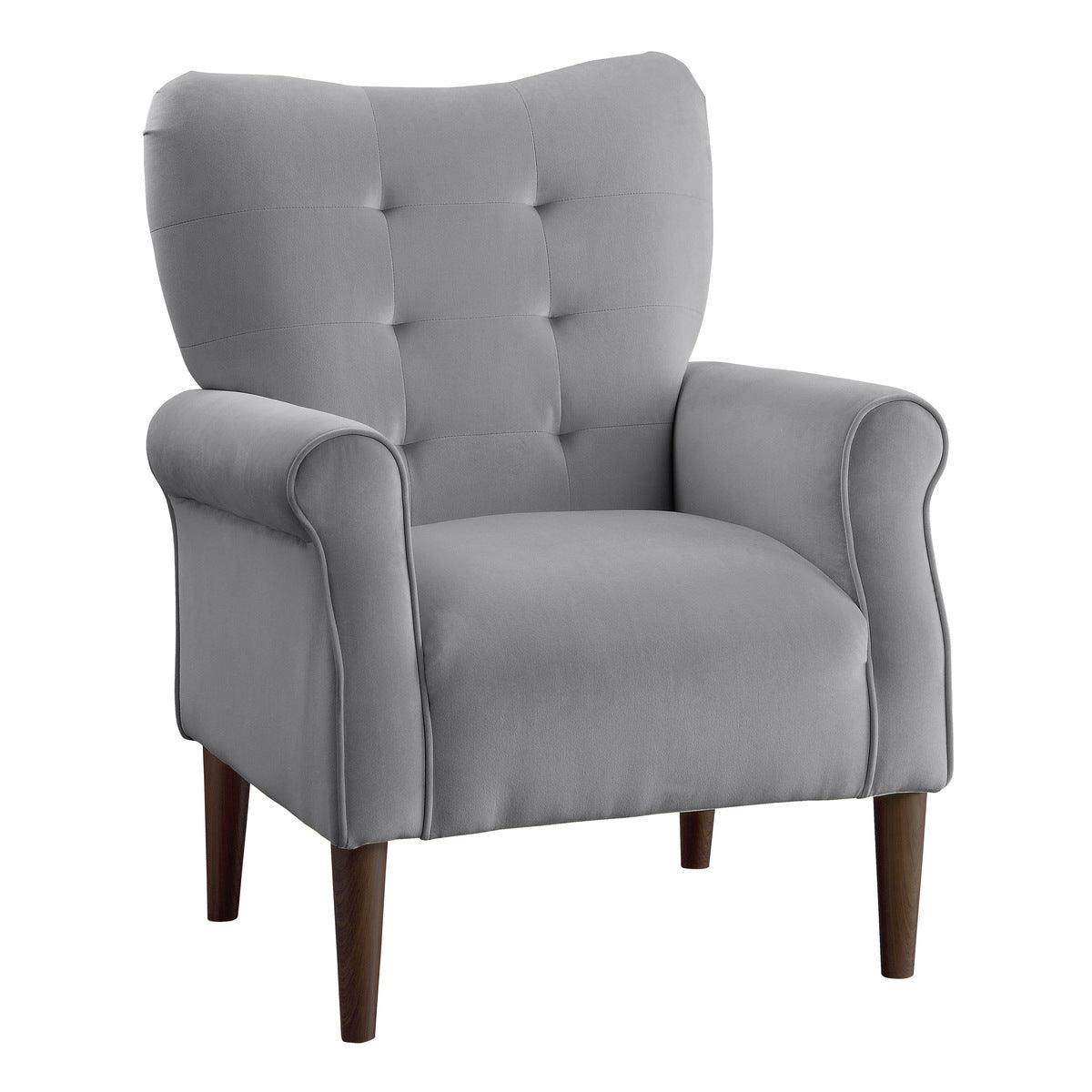 Kyrie Dark Grey Velvet Tufted Accent Chair angled front view