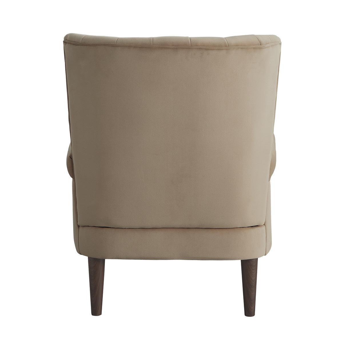 Rear view of Urielle brown velvet accent chair showing upholstery