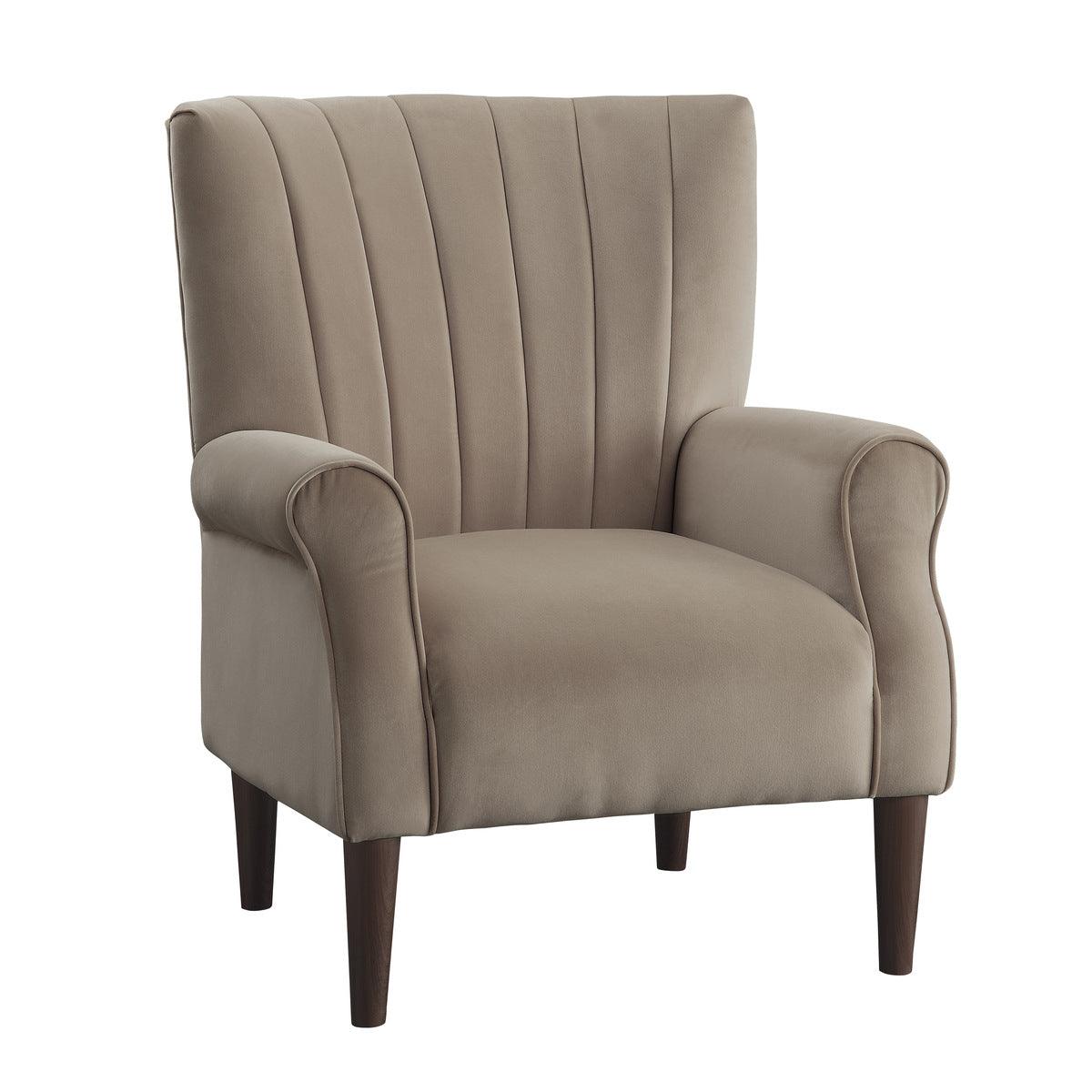 Side angle showing contoured arms and dark wood legs of Urielle accent chair