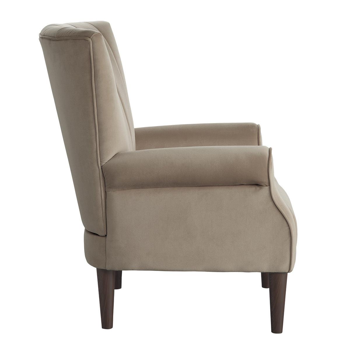 Close-up of tufted velvet back on Urielle brown accent chair