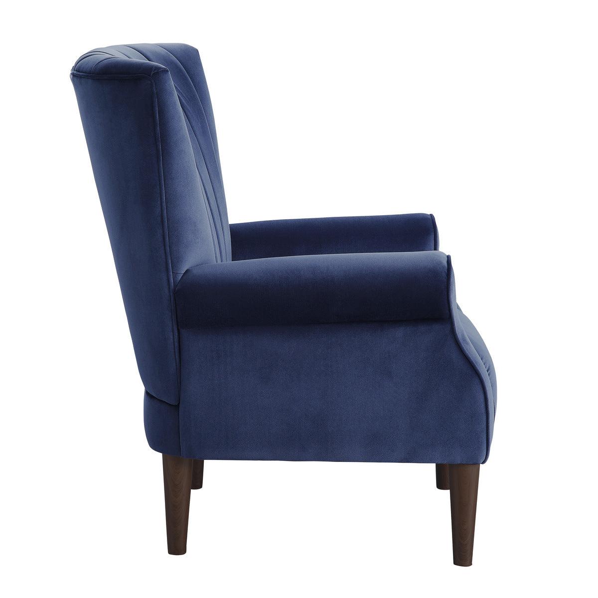 Back angle showing vertical channel tufted velvet upholstery