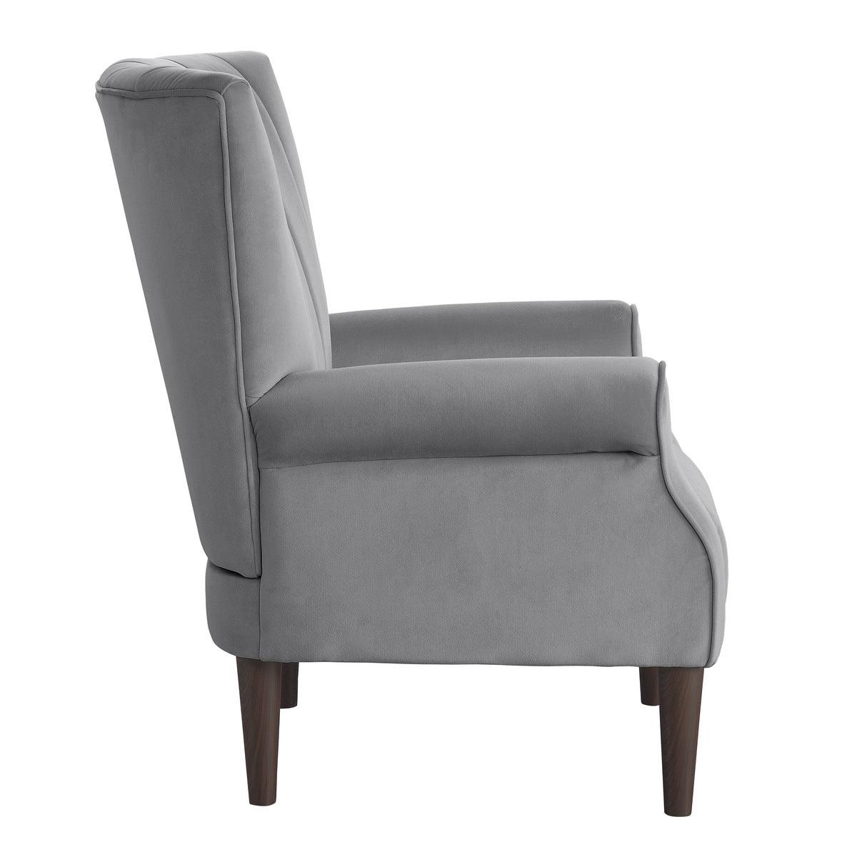 Urielle Dark Gray Velvet Upholstered Accent Chair close-up of tufted back